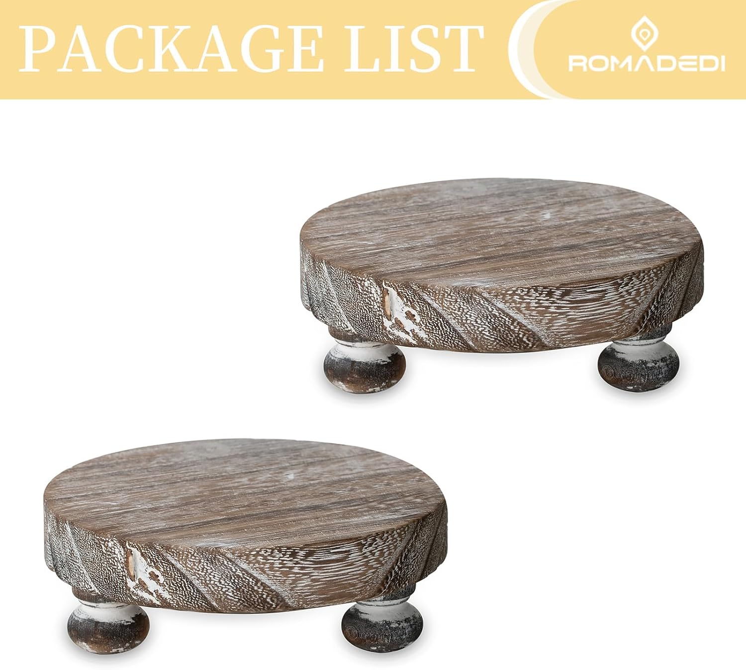 Rustic Decor Mini Wooden Pedestal Stand Decorative Round Tray / Whitewashed / Set of 2
