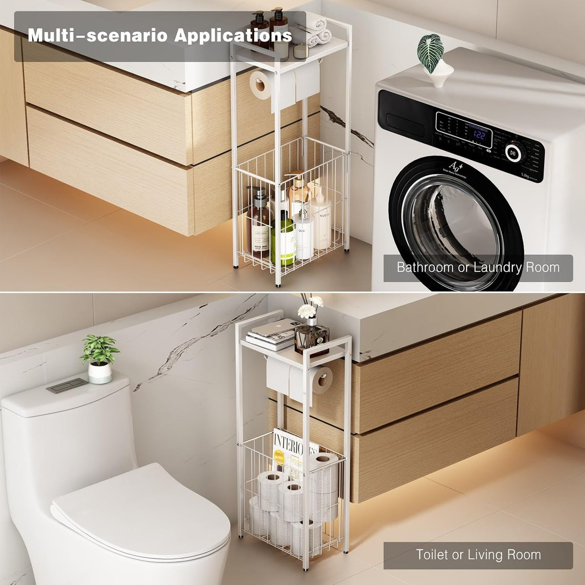VOLDRA Toilet Paper Holder Stand with Storage Shelf, Free Standing Toilet Paper Roll Holder with Large Basket Heavy