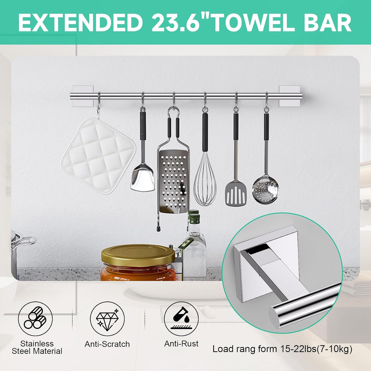 Polished Chrome Bathroom Hardware Accessories Towel Bar Set, 10 Pieces Bathroom Towel Bar Holder Set, 23.6 Inch
