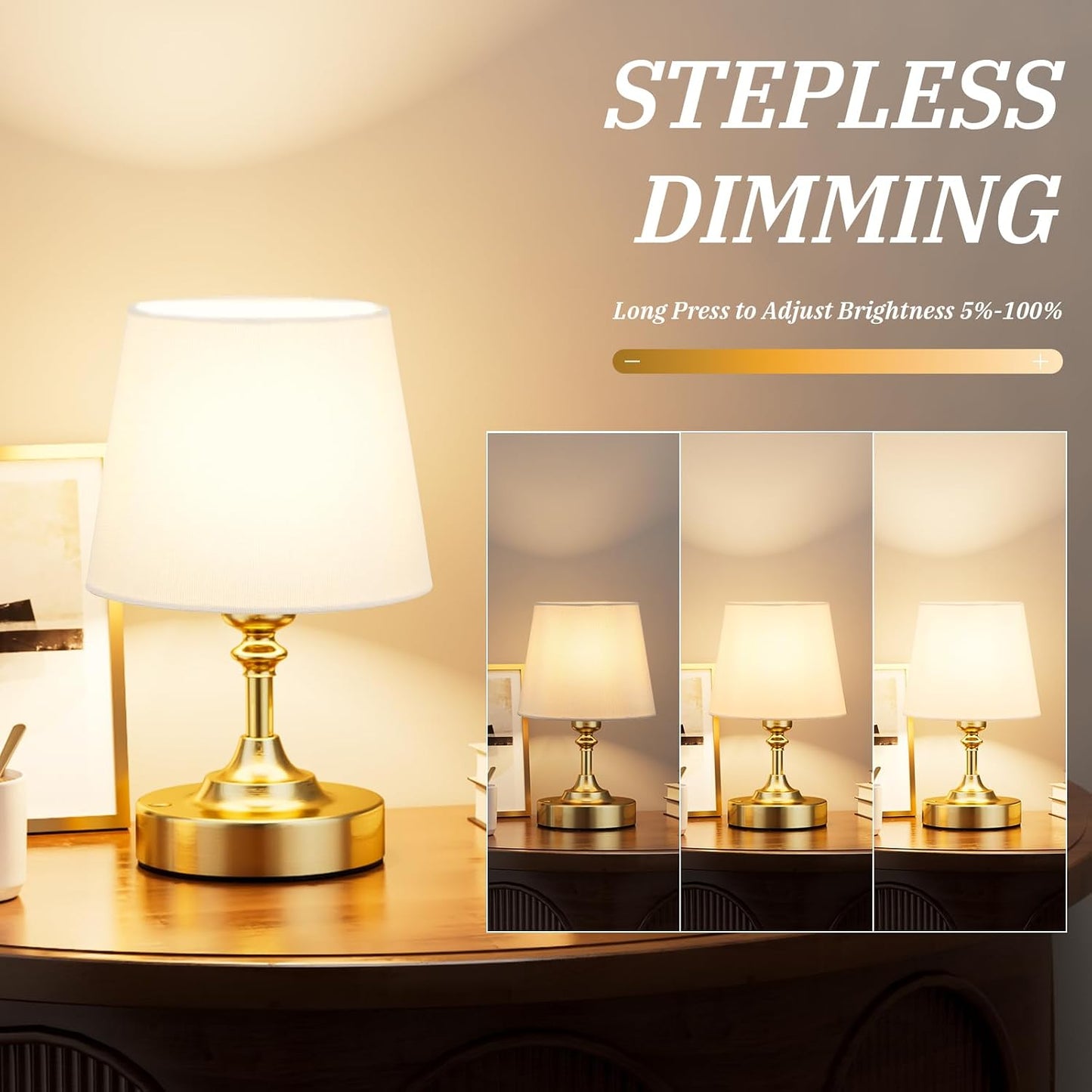 Kakanuo Mini Cordless Table Lamp Gold - 1 Pack 4000mAH Battery Operated Lamp for Decor, 3000K Stepless Dimming Touch