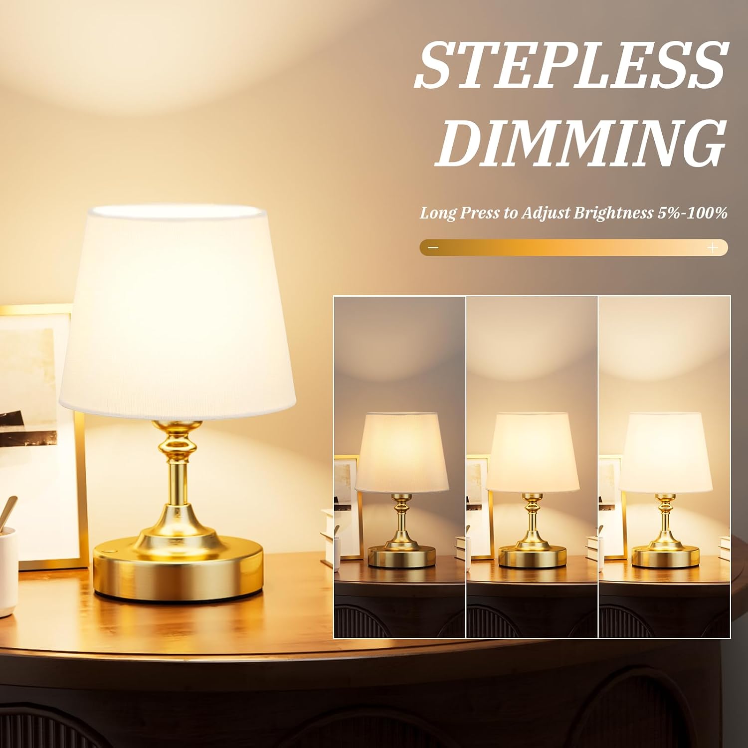 Kakanuo Mini Cordless Table Lamp Gold - 1 Pack 4000mAH Battery Operated Lamp for Decor, 3000K Stepless Dimming Touch
