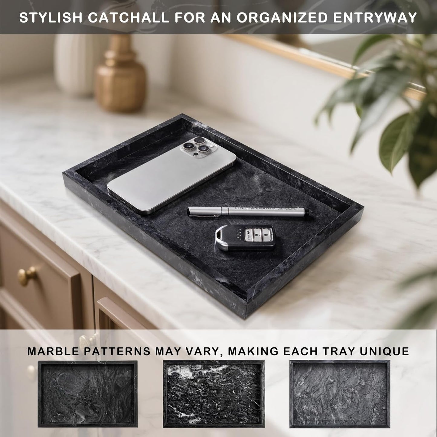 Marble Bathroom Tray for Countertop & Home Decor / Gray Black