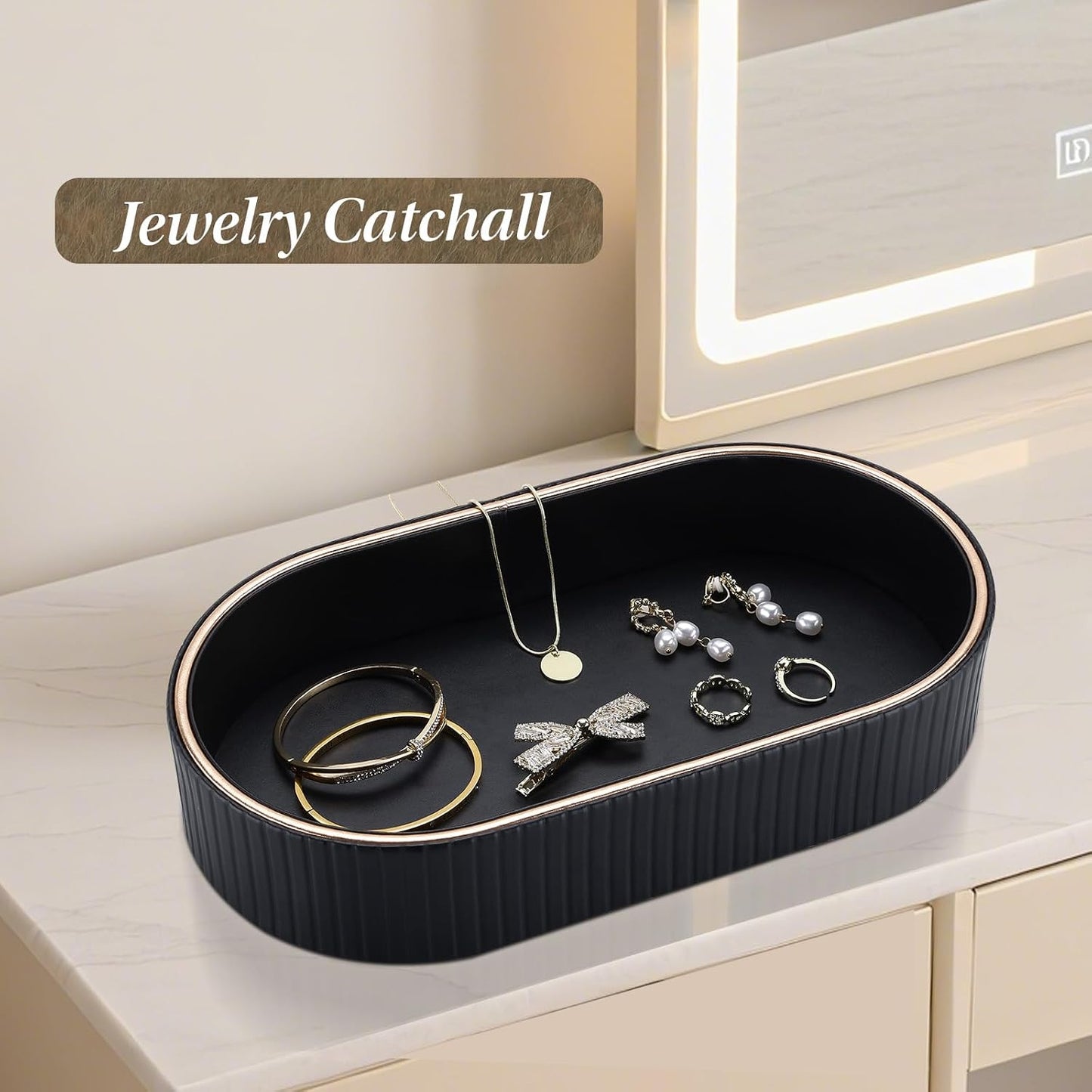 PU Leather Valet Tray Nightstand Organizer / Black