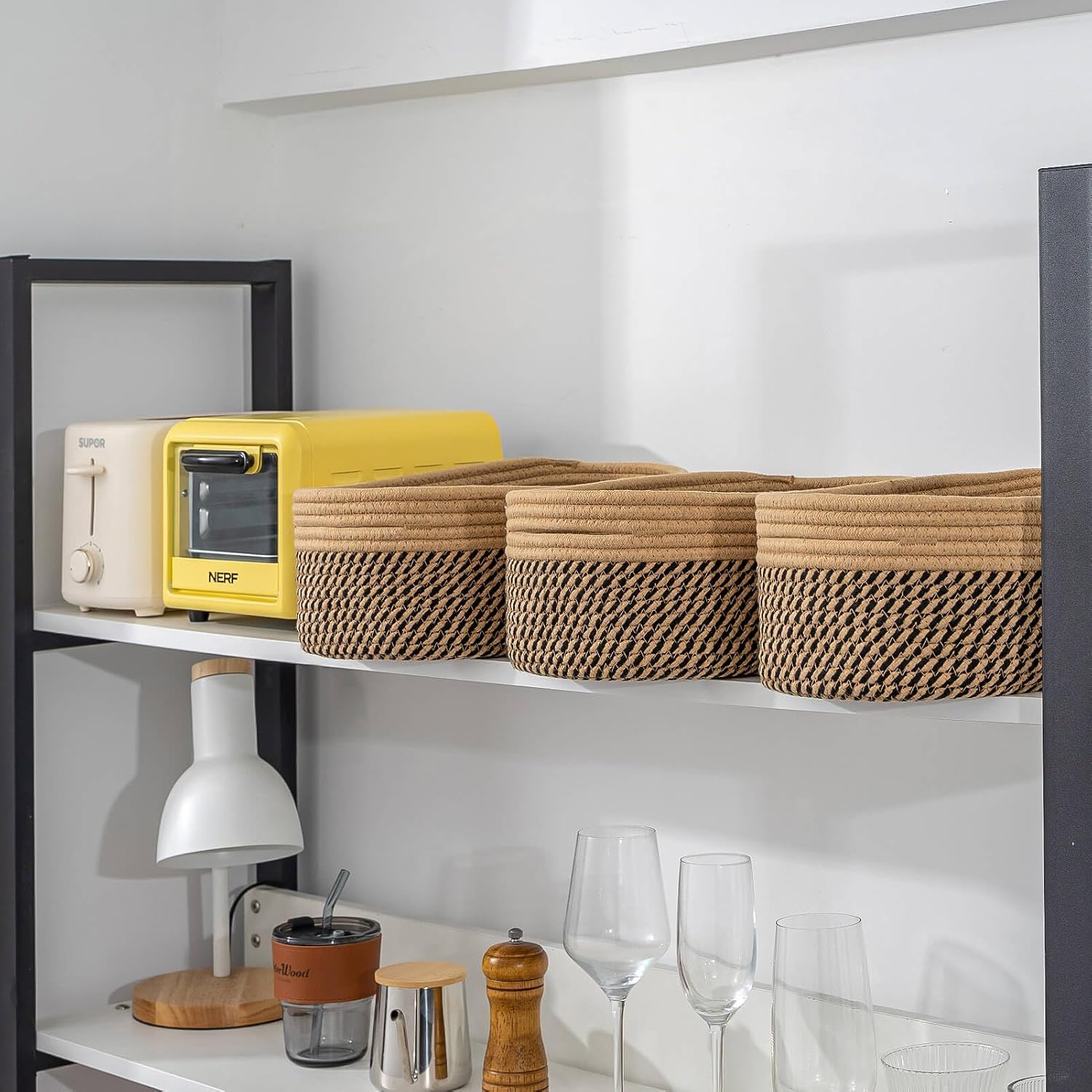 Rectangular Woven Storage Baskets Natural Cotton Rope / Camel/mixed Black / Small Basket / Set of 3