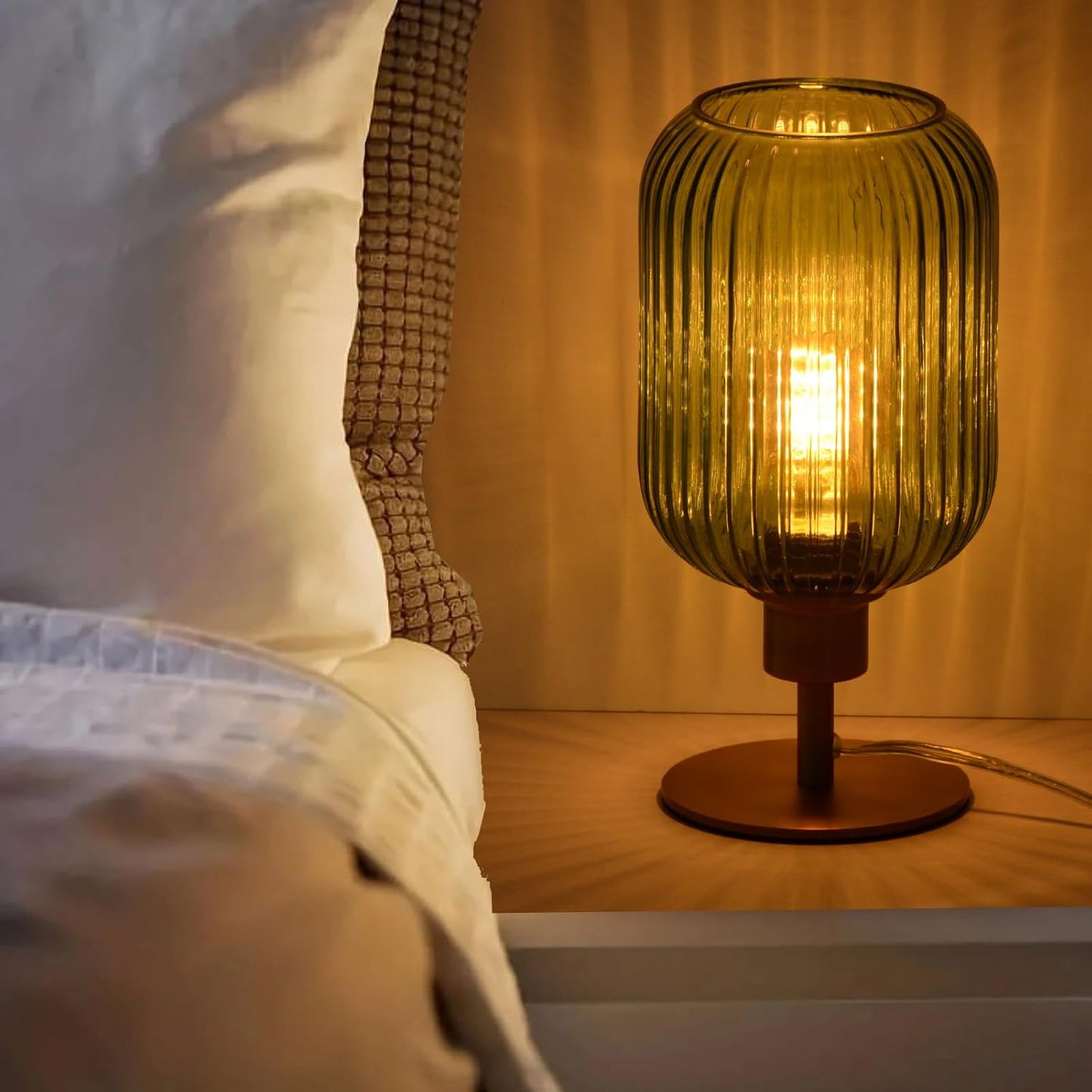 Mid Century Glass Table Lamp,Dimmable Desk Lamp,LED Bulb Included,Timer Build-In,Green Ribbed Glass
