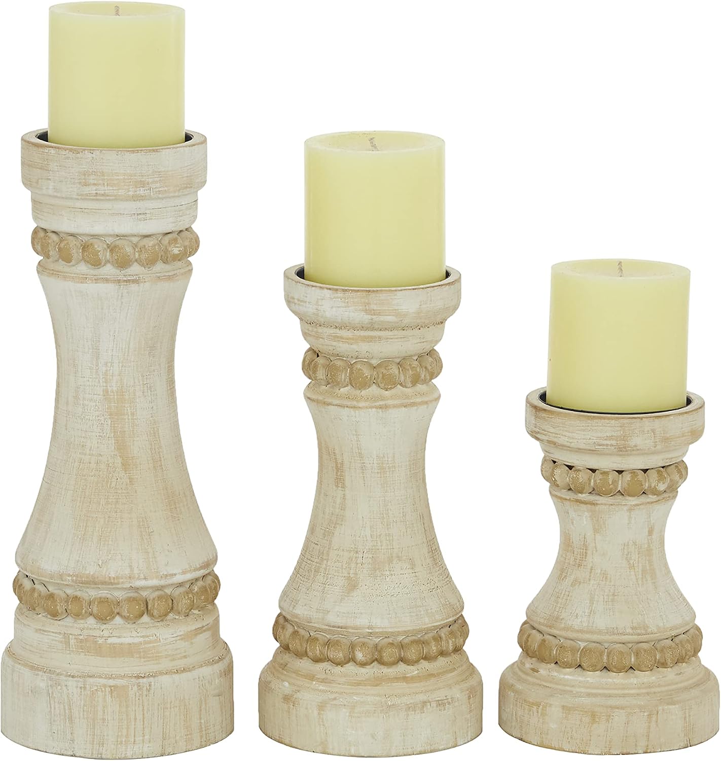 Deco 79 Wood Solid Candle Holder, Set of 3 12", 9", 7"H, Cream