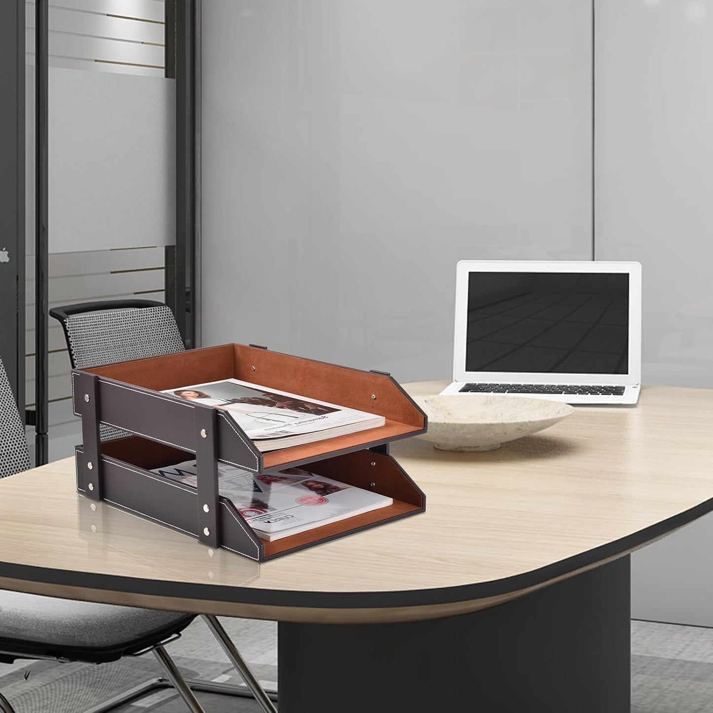 Leather Desk Organizer,2-Tier Stackable Letter Tray Holder,Office Supplies Desktop Storage Box for