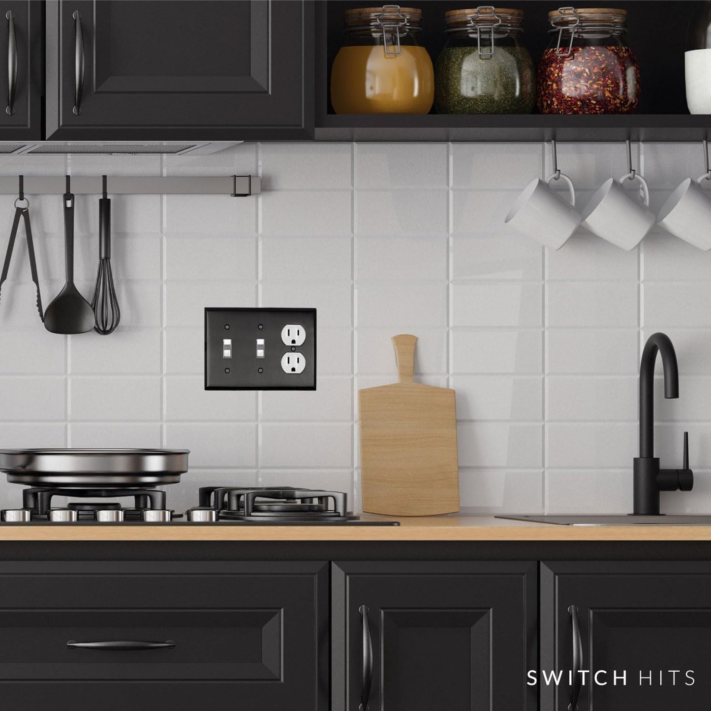 Satin Nickel Black Outlet Wall Plate | 2 Toggle - 1 Duplex | 6.25" x 4.5" | Hand-Polished Brass Construction