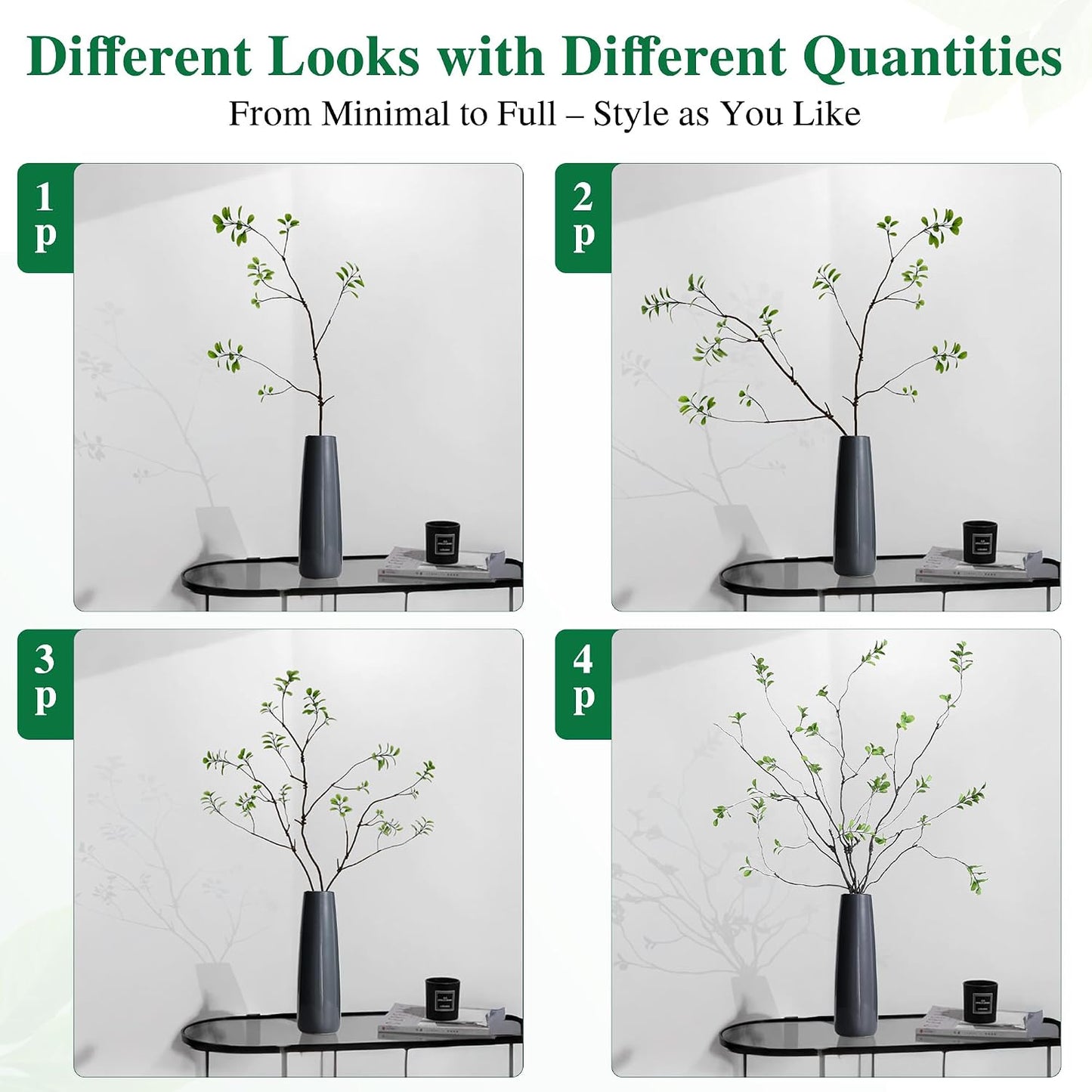 Faux Greenery Stems Branches for Vases / Green / Set of 4