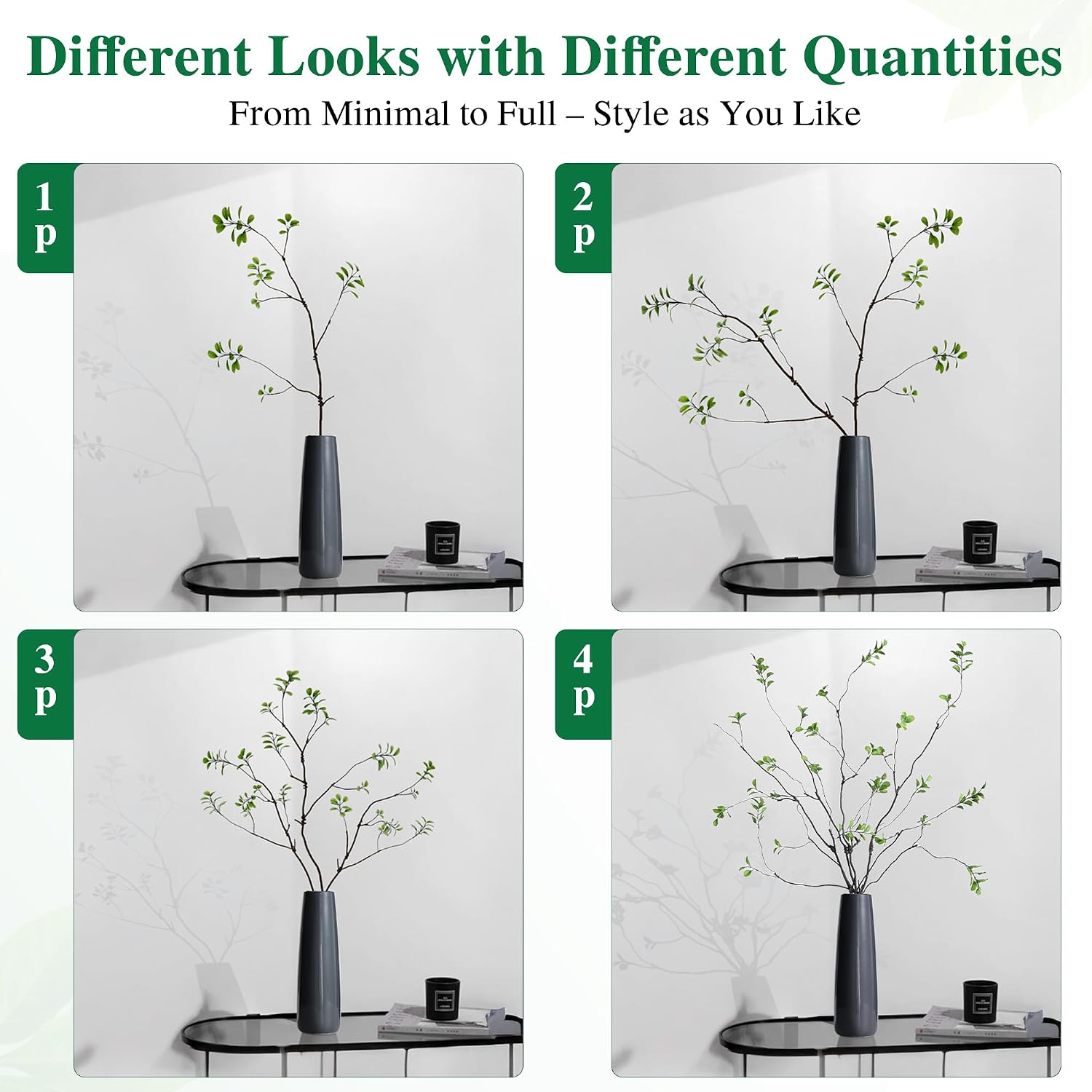 Faux Greenery Stems Branches for Vases / Green / Set of 4