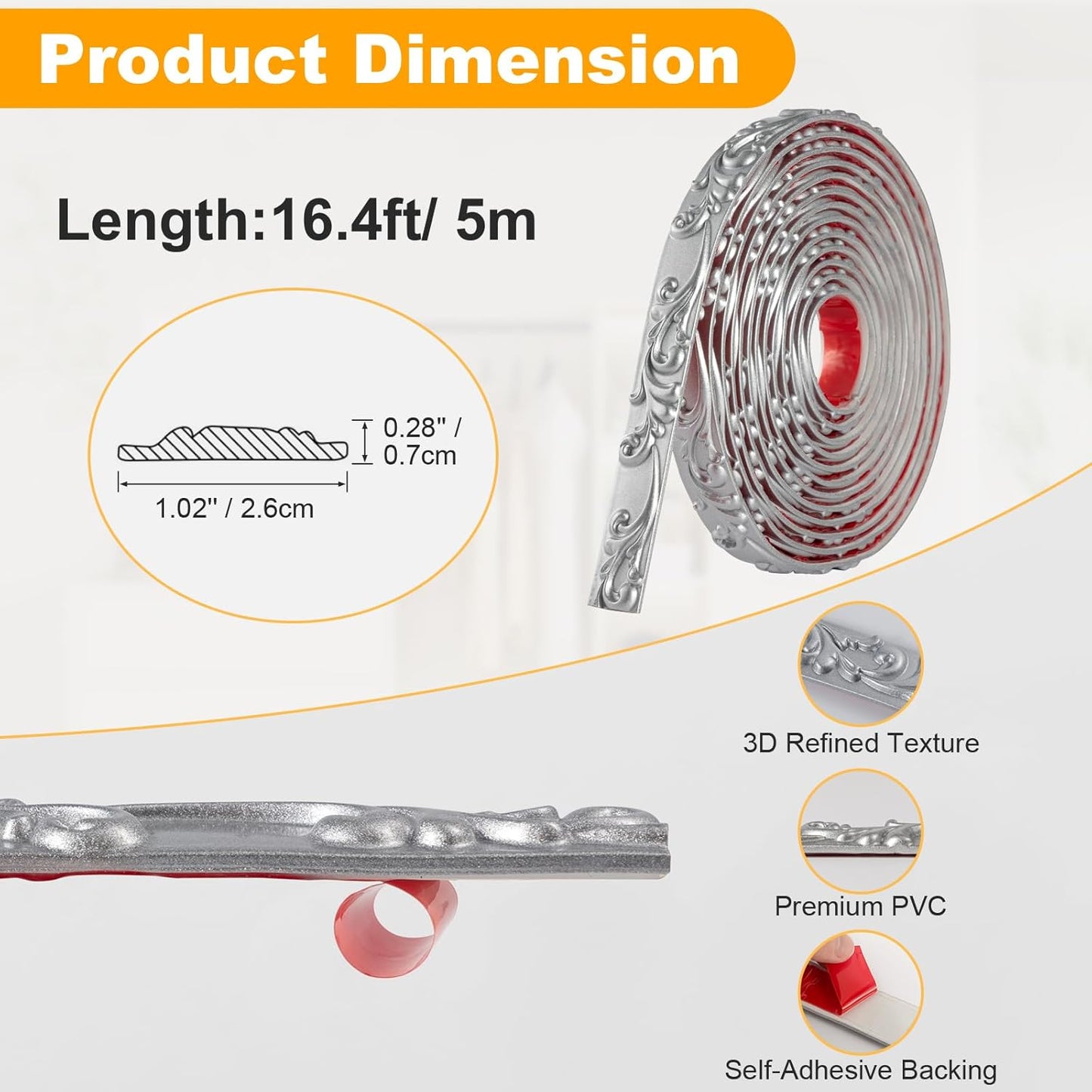 x 1.02'' Peel and Stick Crown Molding Trim / Silver / 16.4 Inch