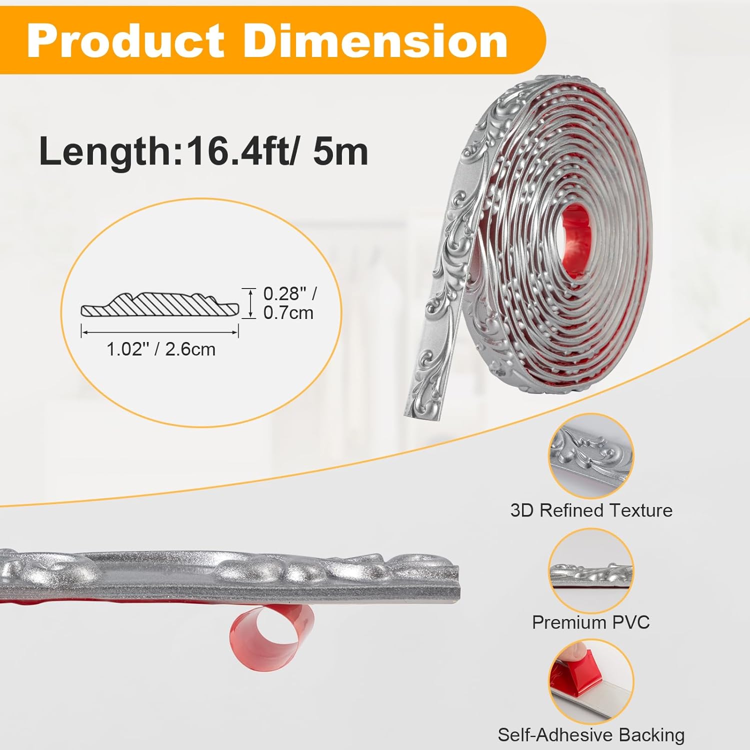 x 1.02'' Peel and Stick Crown Molding Trim / Silver / 16.4 Inch