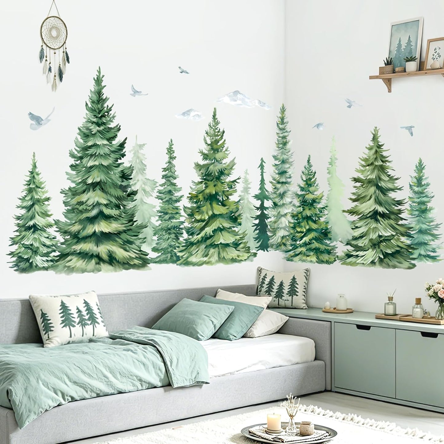 Large Pine Tree Wall Stickers Woodland Mountain Tree Birds Wall Decals Living Room Bedroom Office