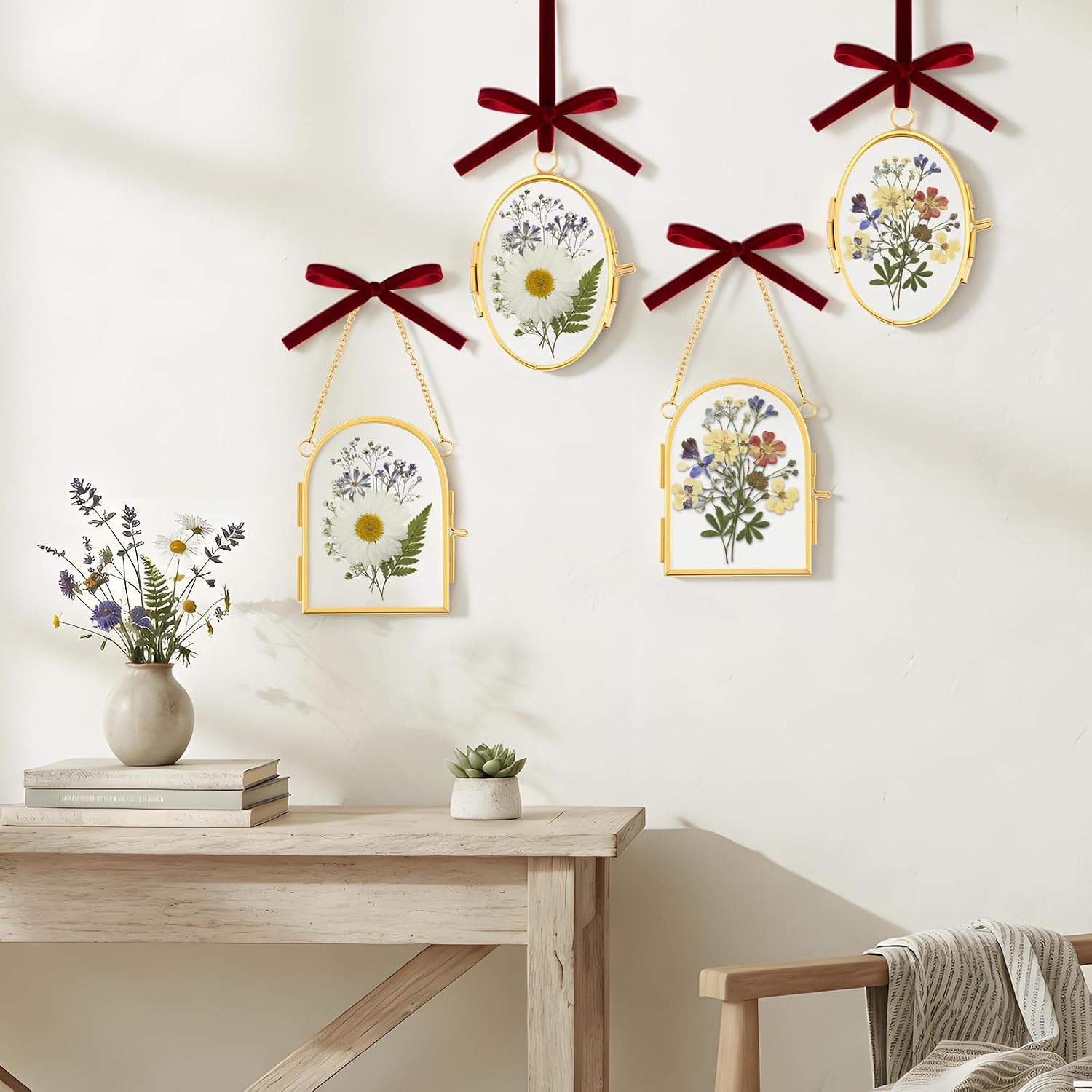 Glass Pressed Flower Frames Oval Arch Double Glass Hanging Photo / Oval, Arch / Red / Set of 4
