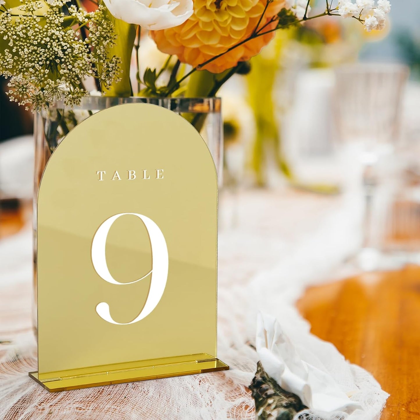 Gold Mirror Table Numbers 1-10 with Stands, 10 Pack 5"x7" Gold Acrylic Arch Sign with Stand Gold Mirror Acrylic Arch