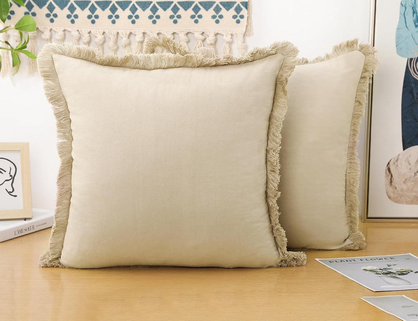 Natural Linen Fringed Throw Pillow Covers / Beige / 20 x 20 / Set of 2