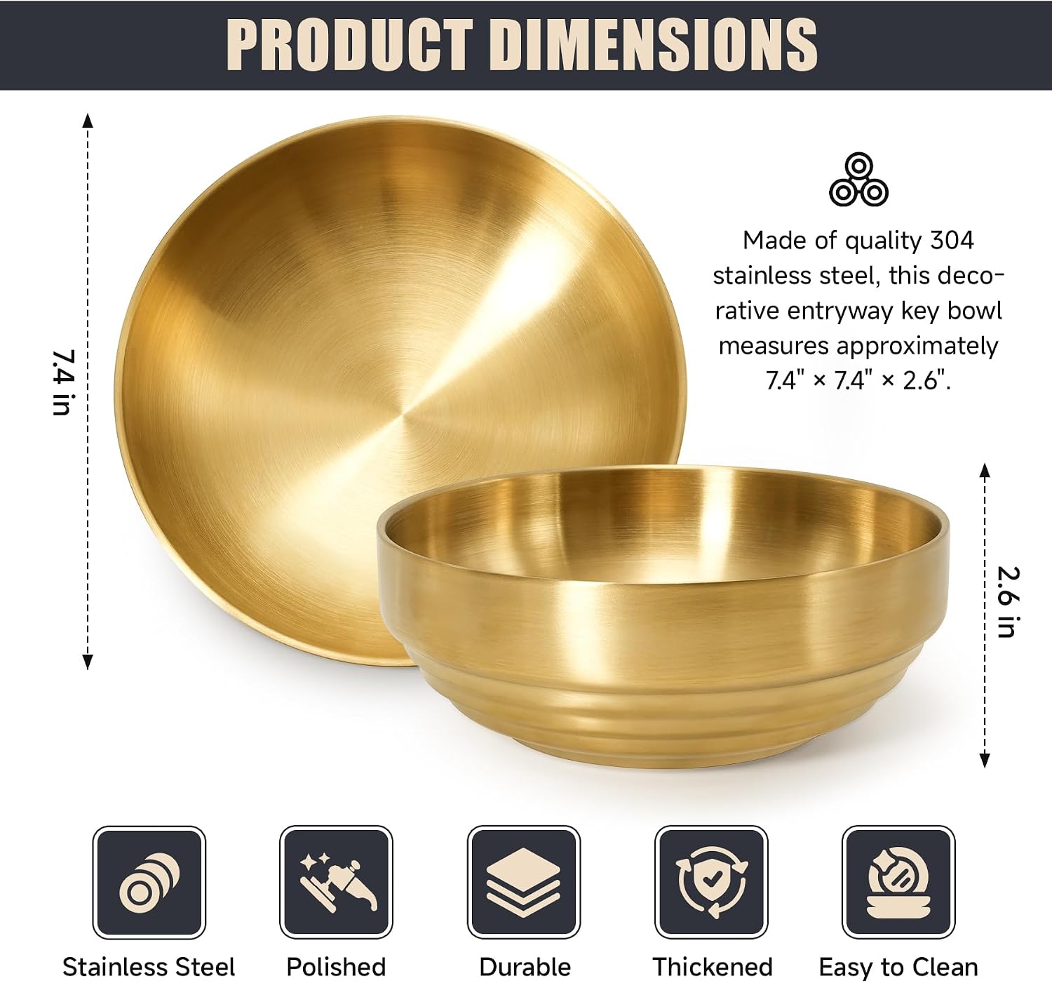 7.4" Decorative Bowl Key Bowl Stainless Steel Fruit Bowl Modern Stylish Metal Centerpiece / Gold