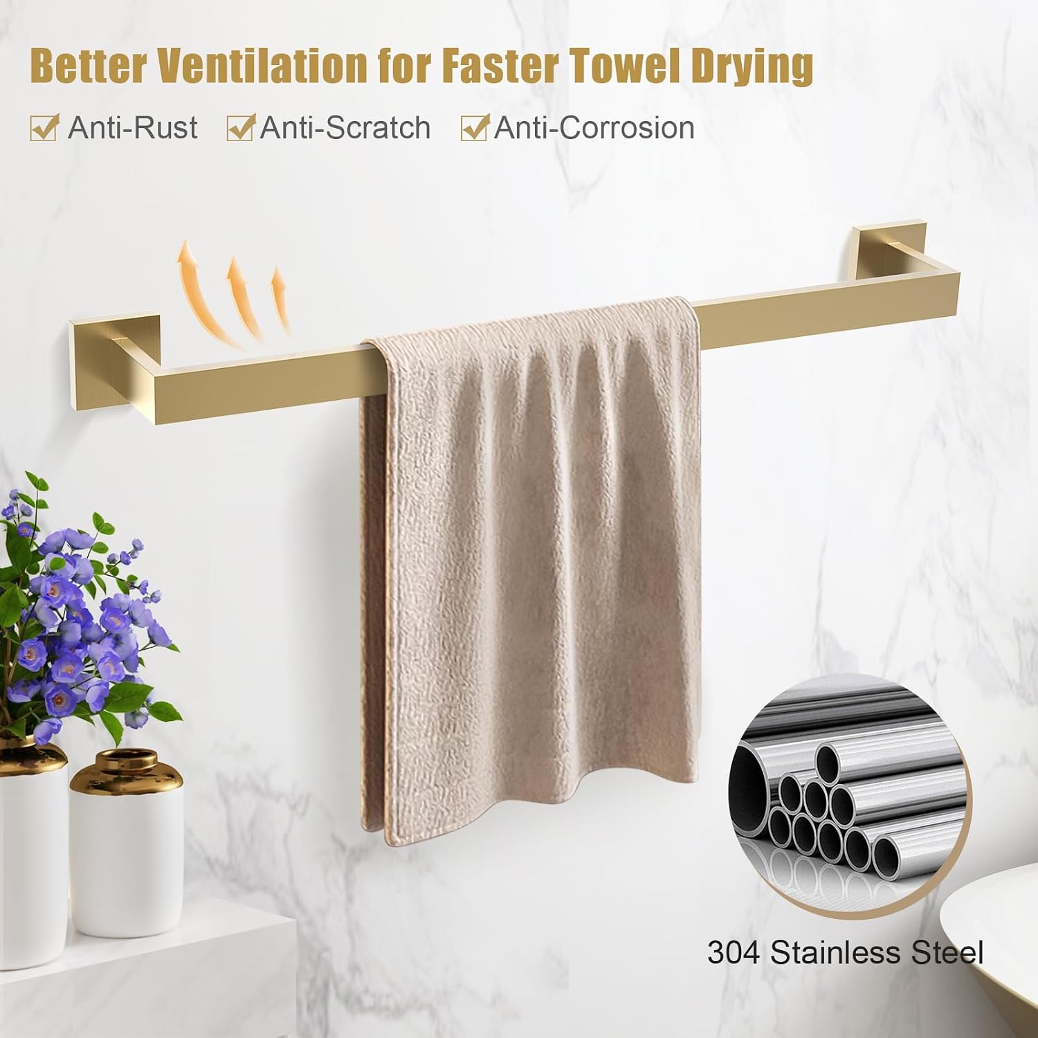 TQKAG Brushed Gold Bathroom Hardware Accessories Set 5 Pieces, Double Post Pivoting Toilet Paper Holder Set Stainless