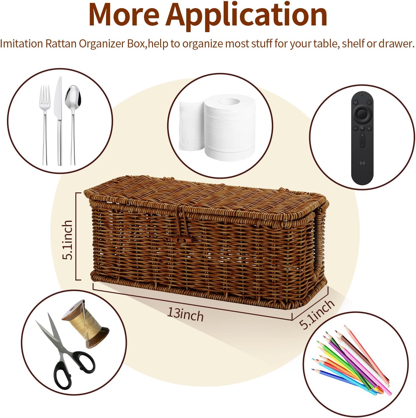 Desk Handwoven Rattan Cord Hider Cable Organizer Box / Brown