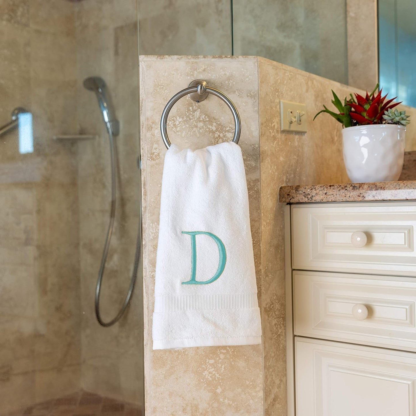 White with Teal Monogrammed Hand Towels for Bathroom - Set of 2 Letter D | Luxury Hotel Quality Initial Towels For