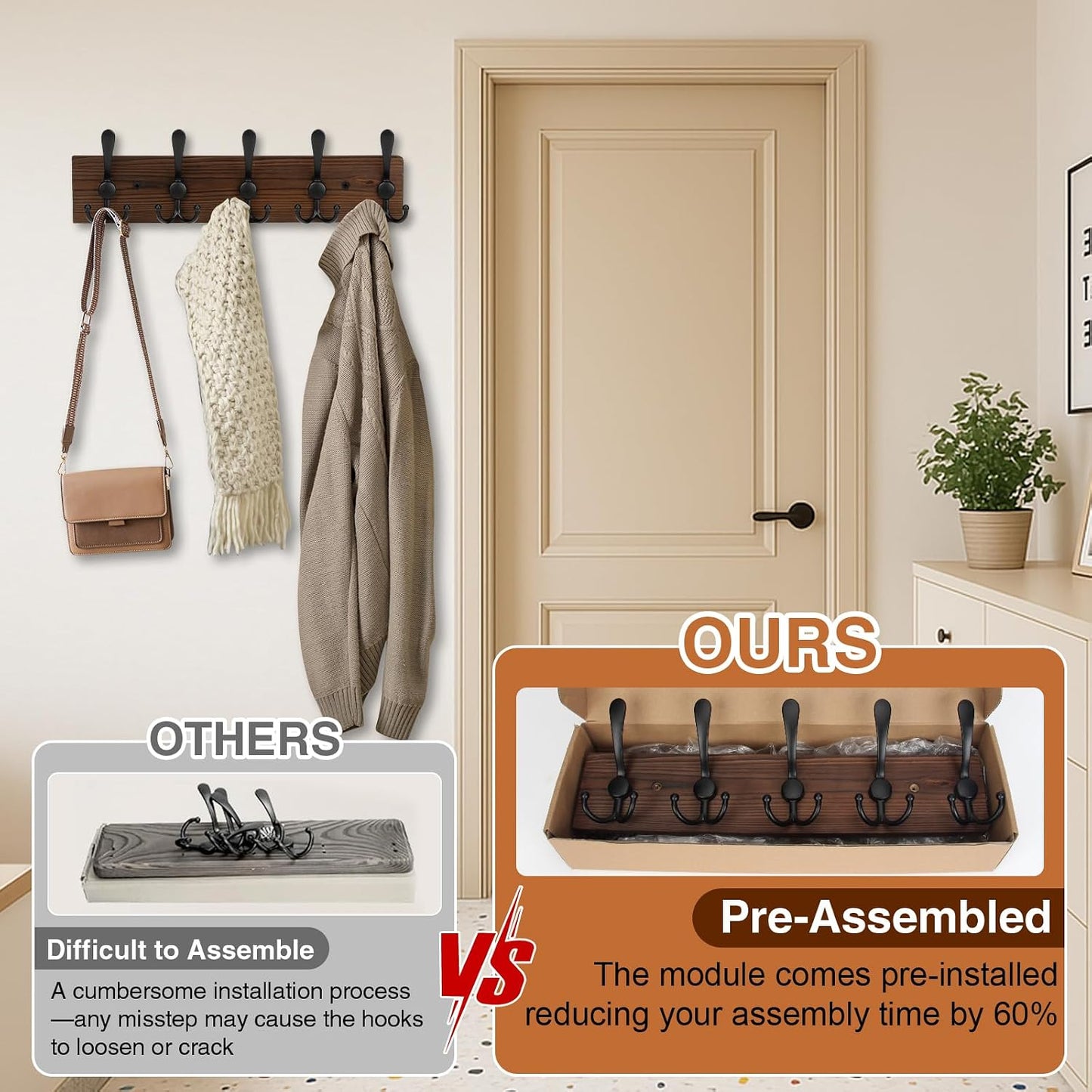 Wooden Coat Rack Wall Mount Heavy Duty, 2 Pack Coat Hanger Wall Mount with 5 Triple Hooks for Clothes, Jacket, Hat