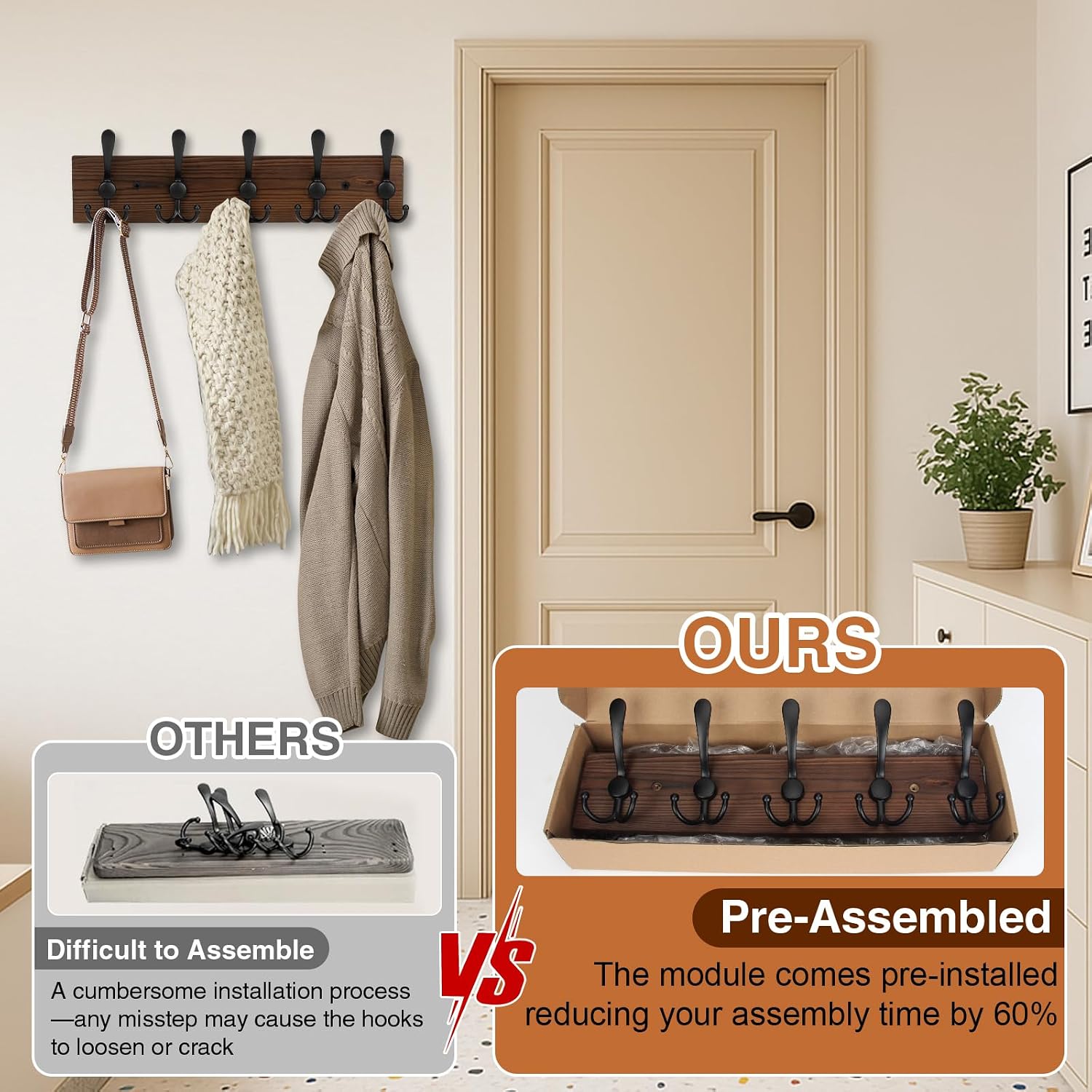 Wooden Coat Rack Wall Mount Heavy Duty, 2 Pack Coat Hanger Wall Mount with 5 Triple Hooks for Clothes, Jacket, Hat