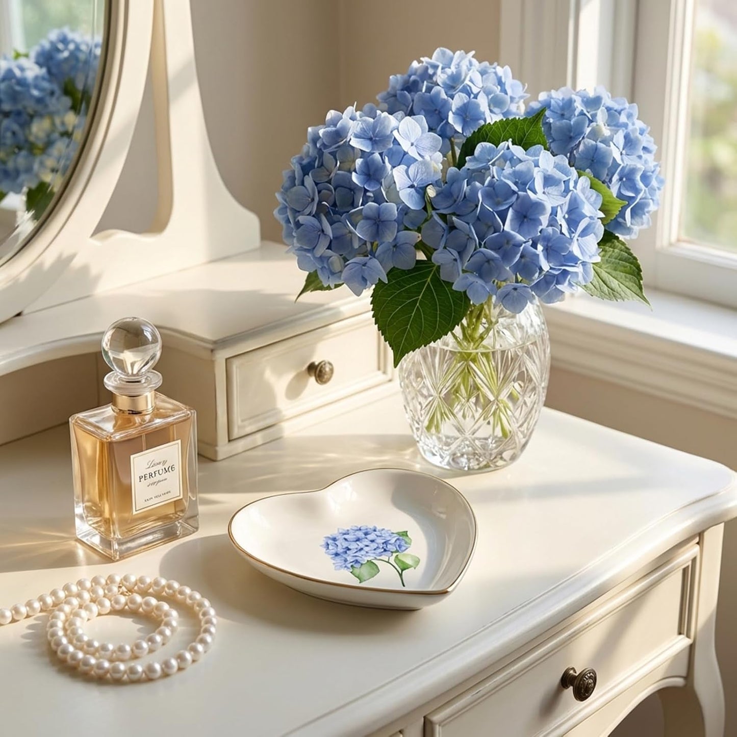 Hydrangea Flower Ring Dish Heart Shaped Ceramic Jewelry Tray Watercolor Floral Trinket Dish / Blue