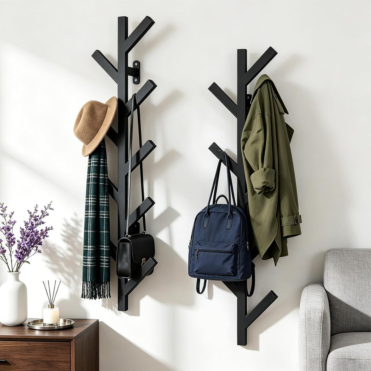 Vlush 2Pack Wall Mounted Coat Rack - 9 Hooks, Modern Metal Design, for Hats, Coats, and Bags - Suitable for Entryways