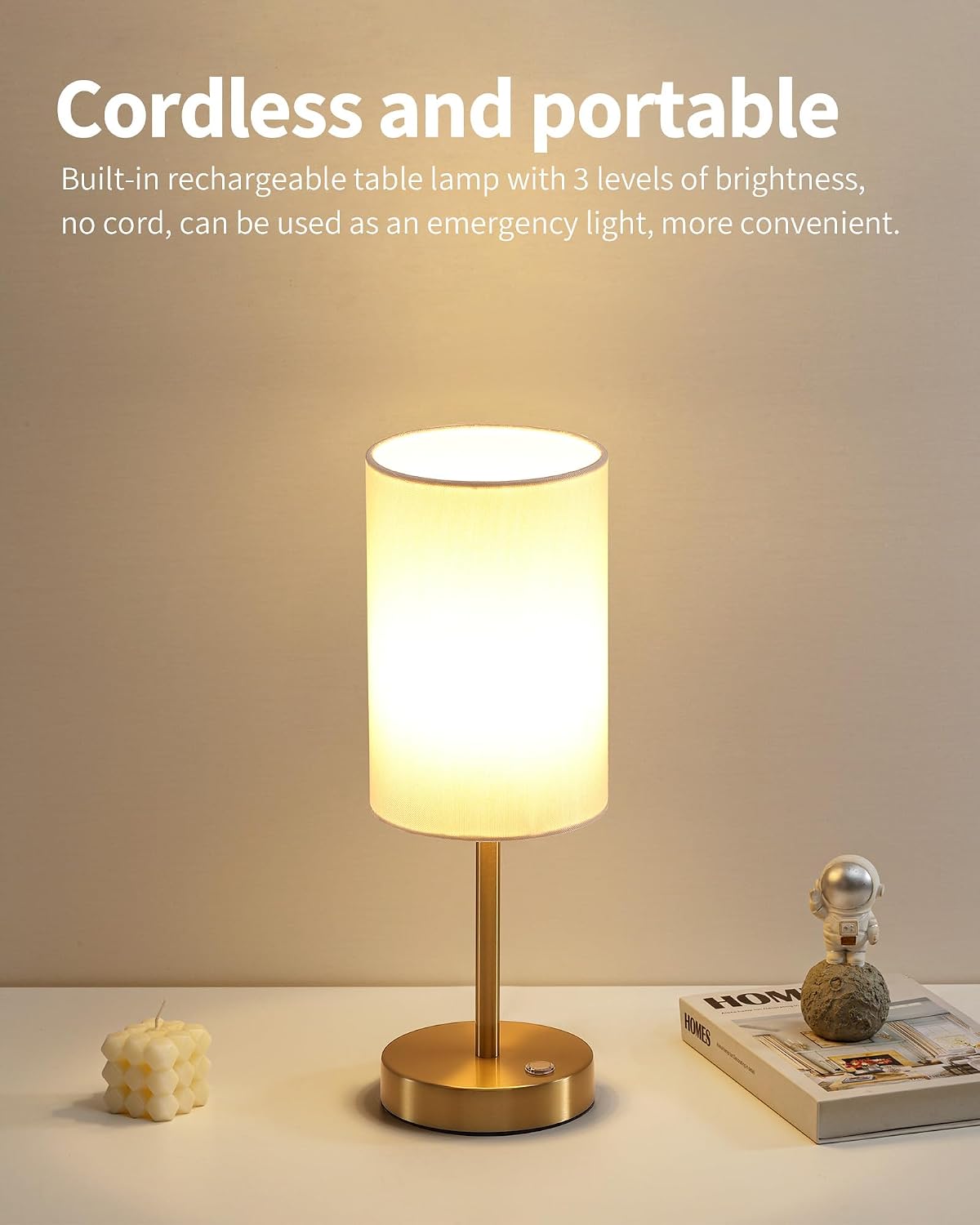 KDG Gold Cordless Table lamp, Portable Bedside 4000mAh LED Desk Lamp | Rechargeable 3 Brightness Levels Emergency
