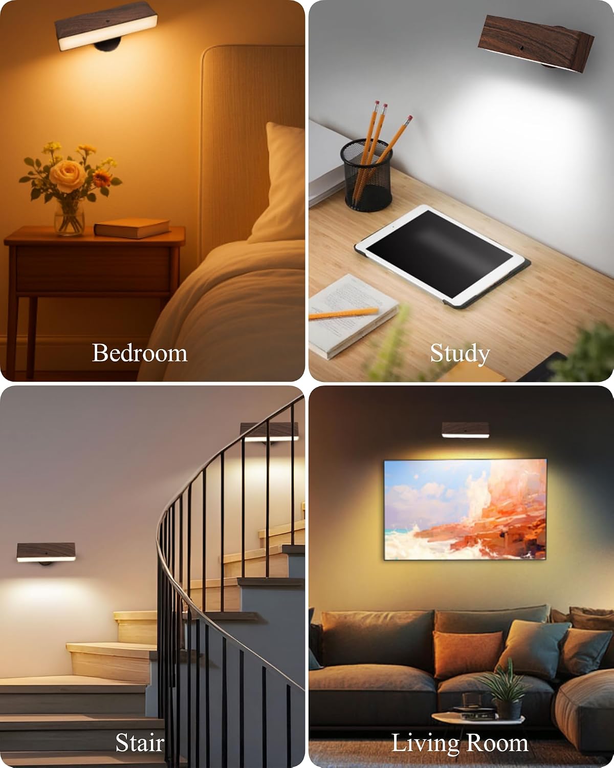 Battery Operated Wall Sconces Set of 2, Wood Rechargeable | Wireless Wall Light with Remote&Button, 360° Rotate