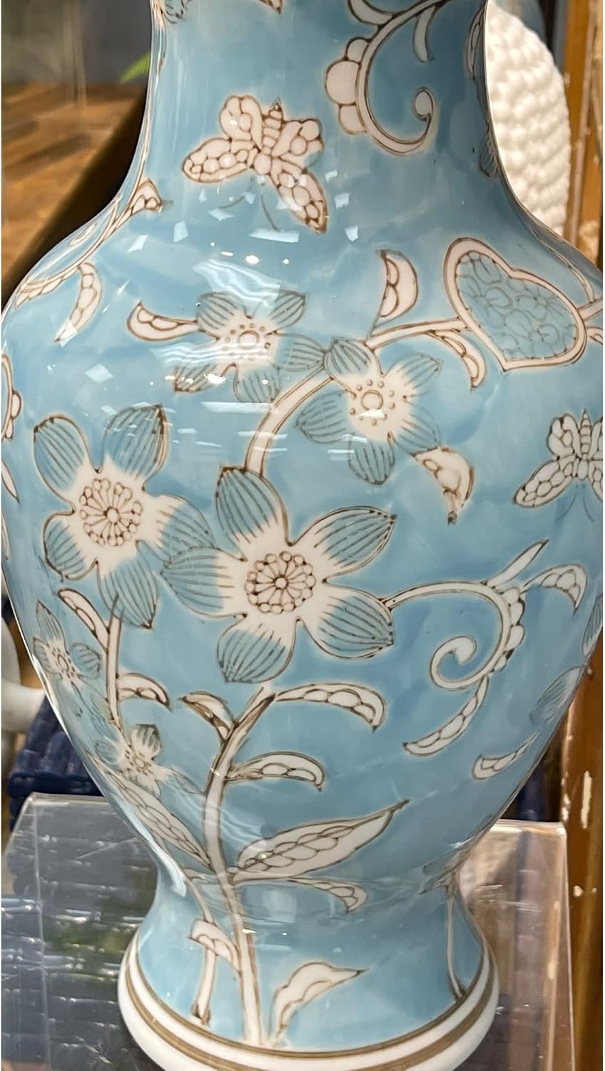 Light Blue and White Flower & Heart Chinoiserie Ceramic Vase 14"- Hand / Light Blue & White Flower