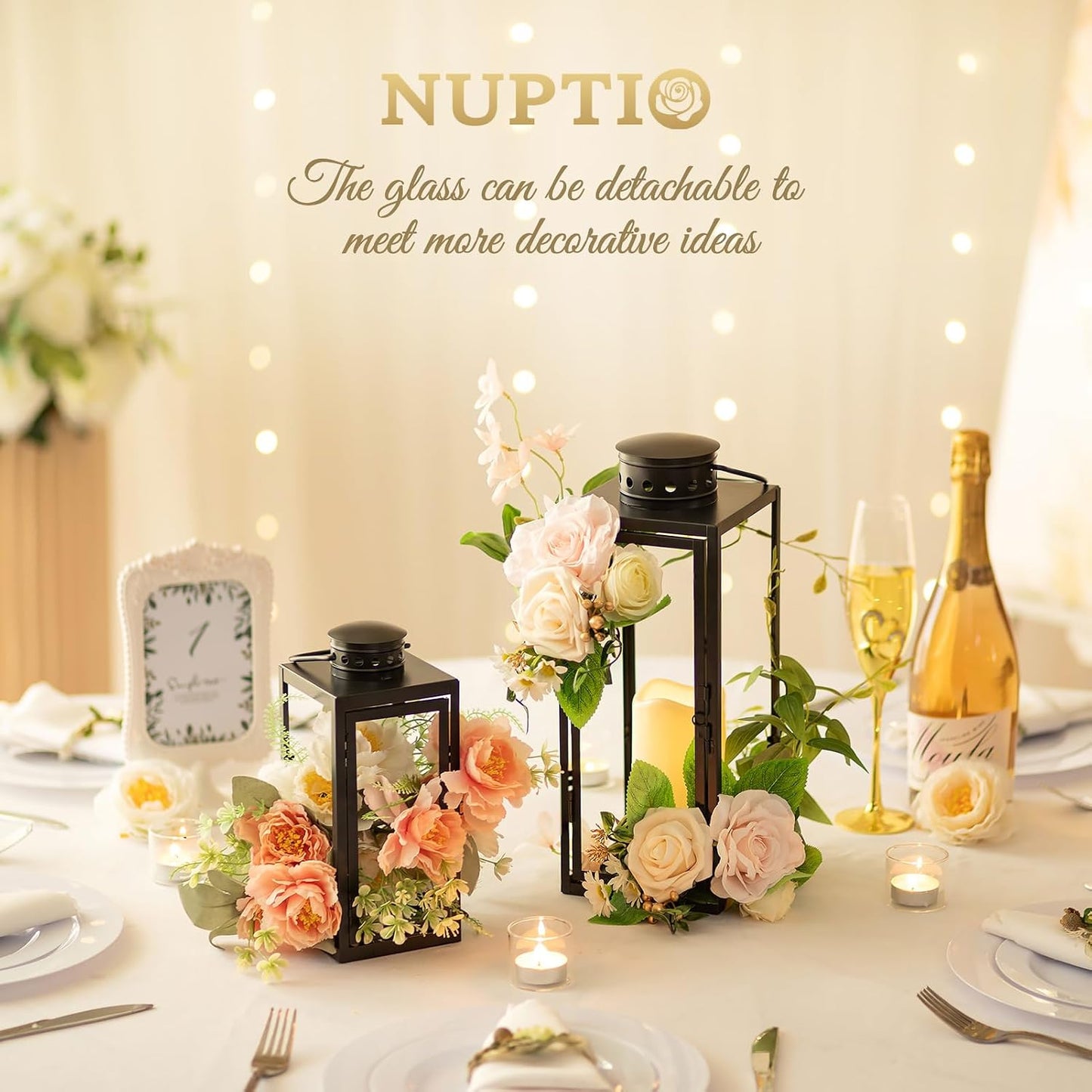 NUPTIO Lanterns Decorative Indoor Black, 9.5 & 13.8 inch Tall Lantern | Set of 2 Hurricane Lantern with Glass Panel