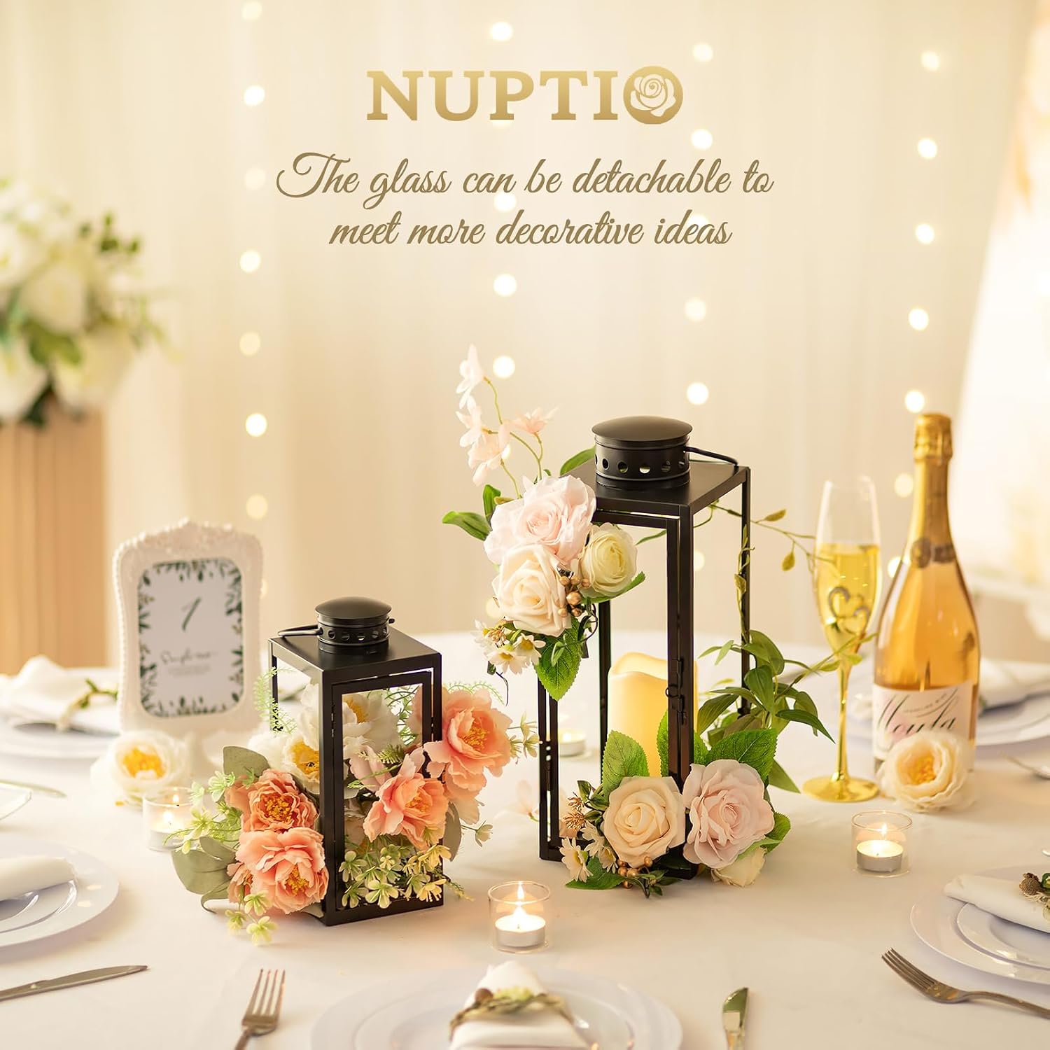 NUPTIO Lanterns Decorative Indoor Black, 9.5 & 13.8 inch Tall Lantern | Set of 2 Hurricane Lantern with Glass Panel