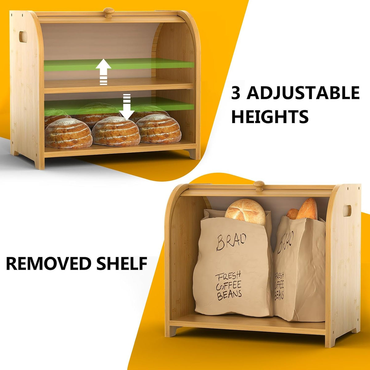 Bamboo Bread Box for Kitchen Countertop, Roll Top Bread Storage Box | Double Layer, Large Capacity, Space-saving, Easy