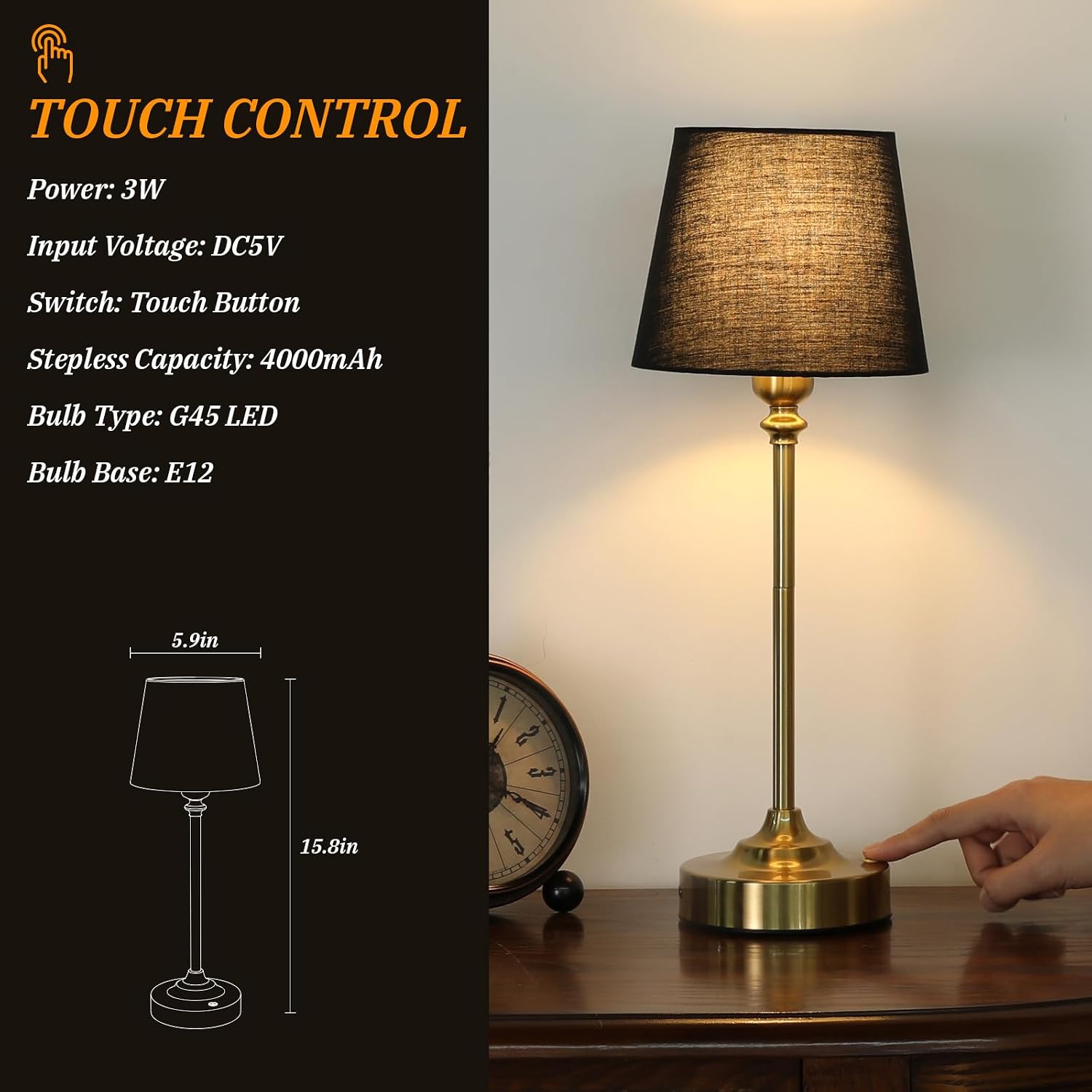Kakanuo Cordless Table Lamps Rechargeable Set - 2 Pack Brass 4000mAH Battery Operated Lamps for Decor, 3000K Stepless