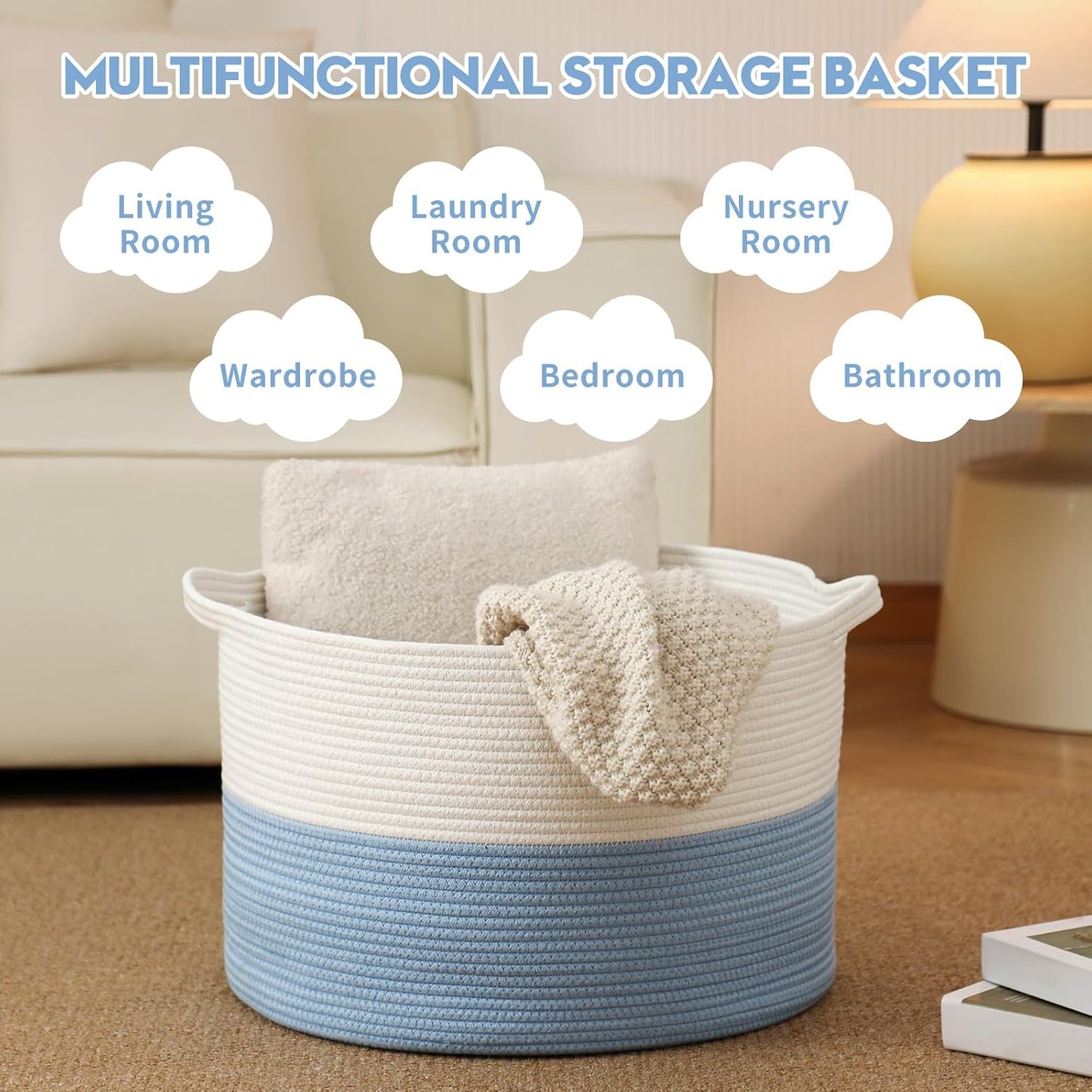 Collapsible Handle Cotton Rope Soft Woven Fabric Storage Organizer Clothes Toys / White & Blue / 65L