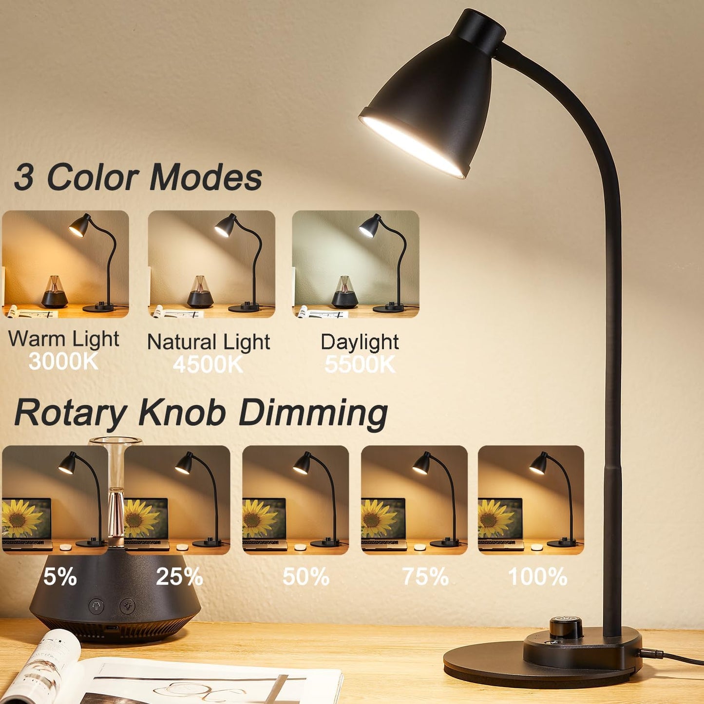 BOHON LED Desk Lamp with USB Charging Port 3 Color Modes Dimmable, Black | Reading Light Intelligent Induction Auto