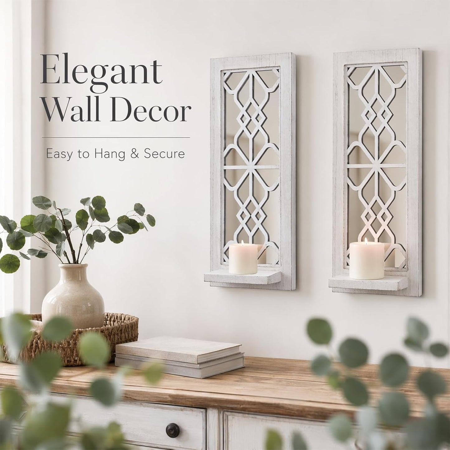 Rustic Candle Sconces Living Room Bedroom Entryway Wood Mirrored / White-16.5 Inch / Set of 2