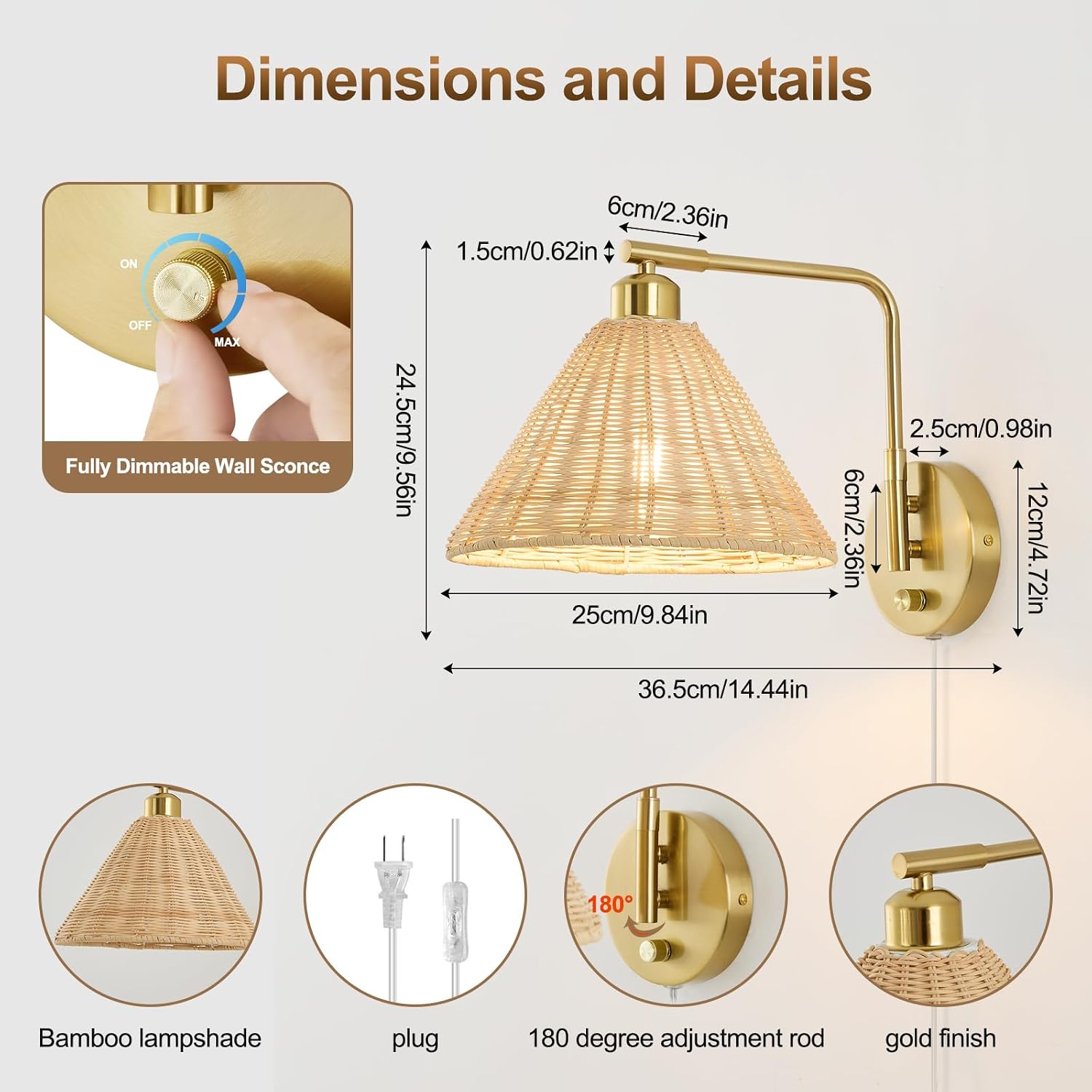 Plug in Wall Sconces Set of 2, Rattan Wall Lamps with Cord and Dimmer Switch, Gold Swing Arm Wall Mounted Bedside Lamps