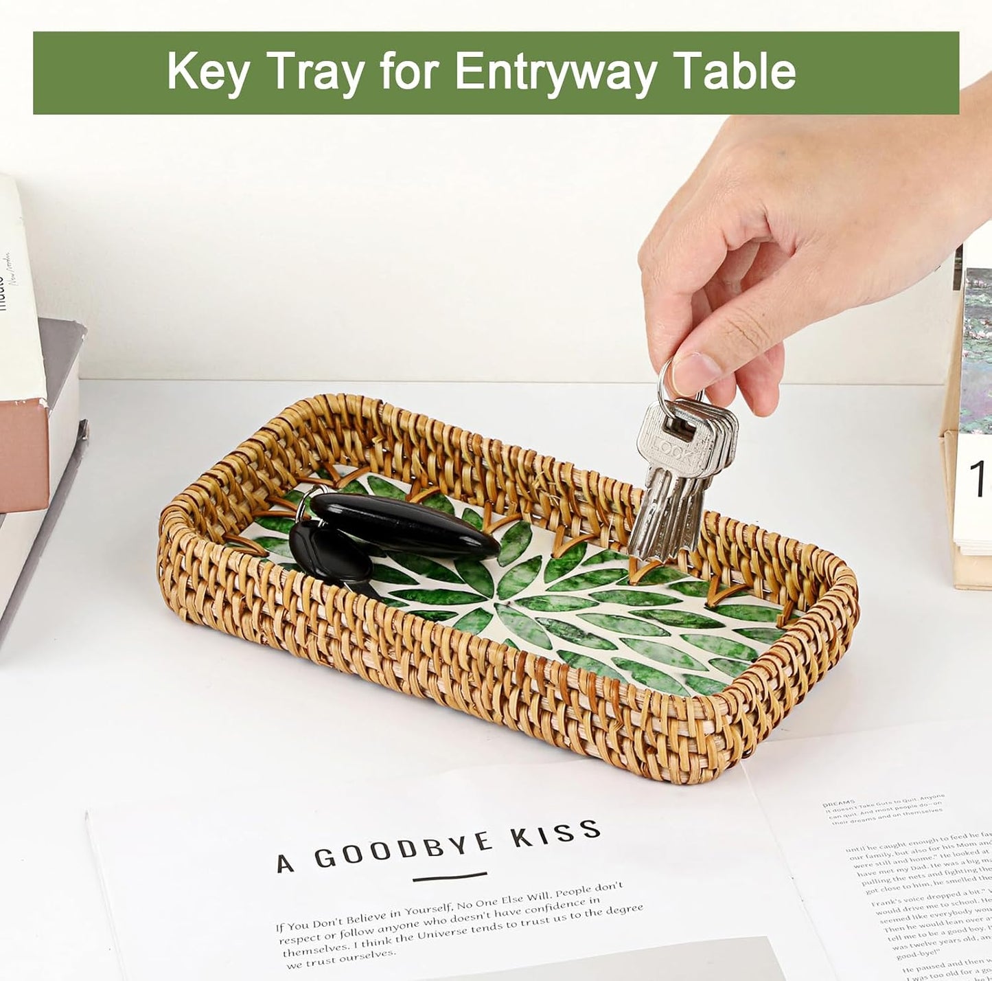 Decorative Key Basket Tray fot Entryway Table Woven Rattan Tray / 8.3 x 4.3 x 1.6 / Green