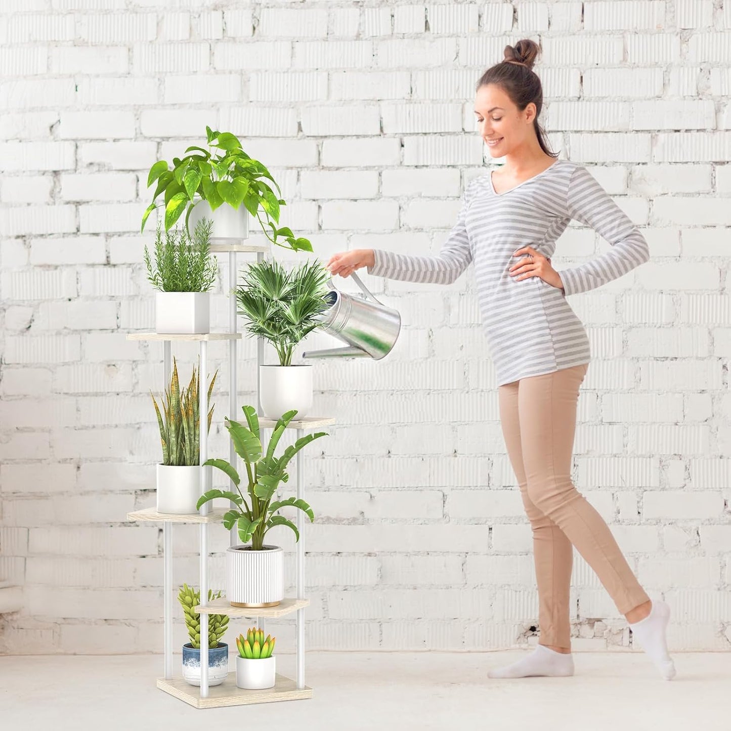 Oppro 6 Tier Tall Plant Stand Indoor, Large Metal Wood Muti Level Vertical Planter Shelf Orchid Holder for Narrow