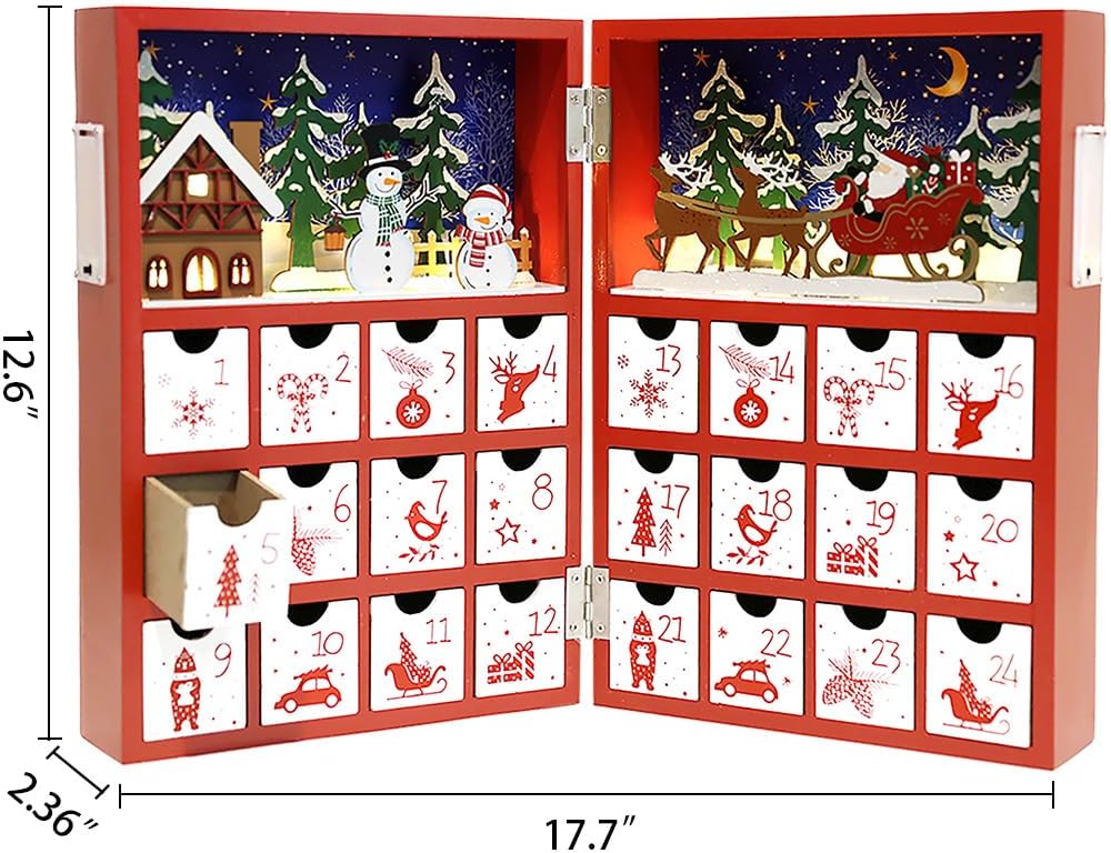Christmas Wooden Advent Calendar Book with LED lighting Red Color Christmas Snowman & Santa Countdown Holiday Gifts