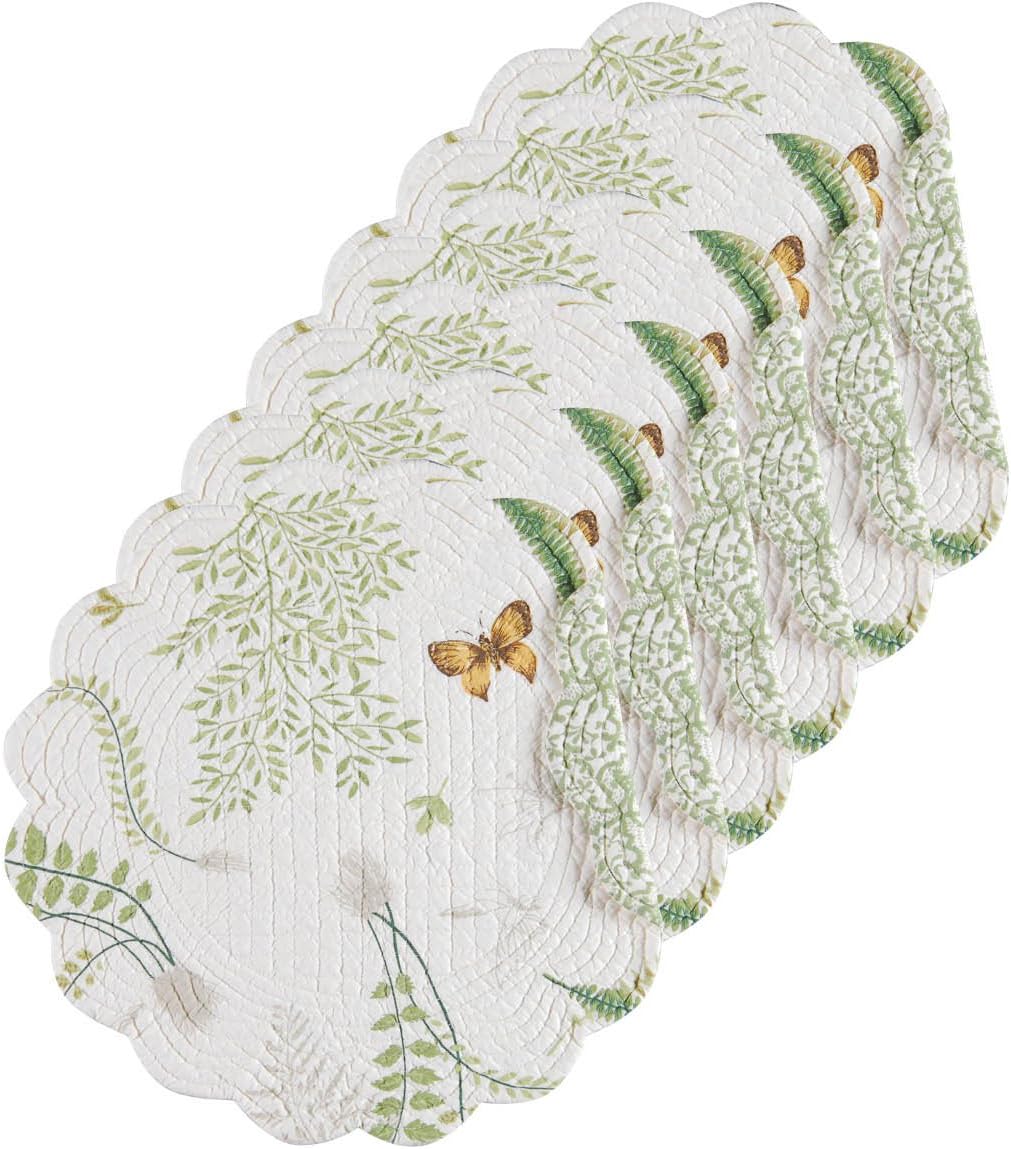 C&F Home 17" Althea Round Scalloped Edge Cotton Quilted Placemats, Set of 6 Spring Springtime Butterfly Dragonfly