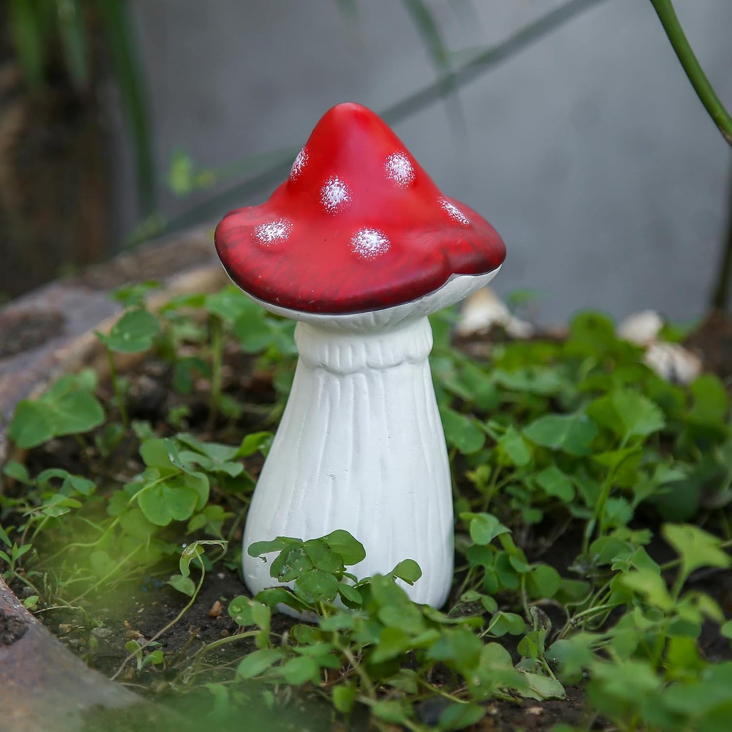 White Ceramic Toadstool Sculptures / Red / 5.5 Inch / Set of 2