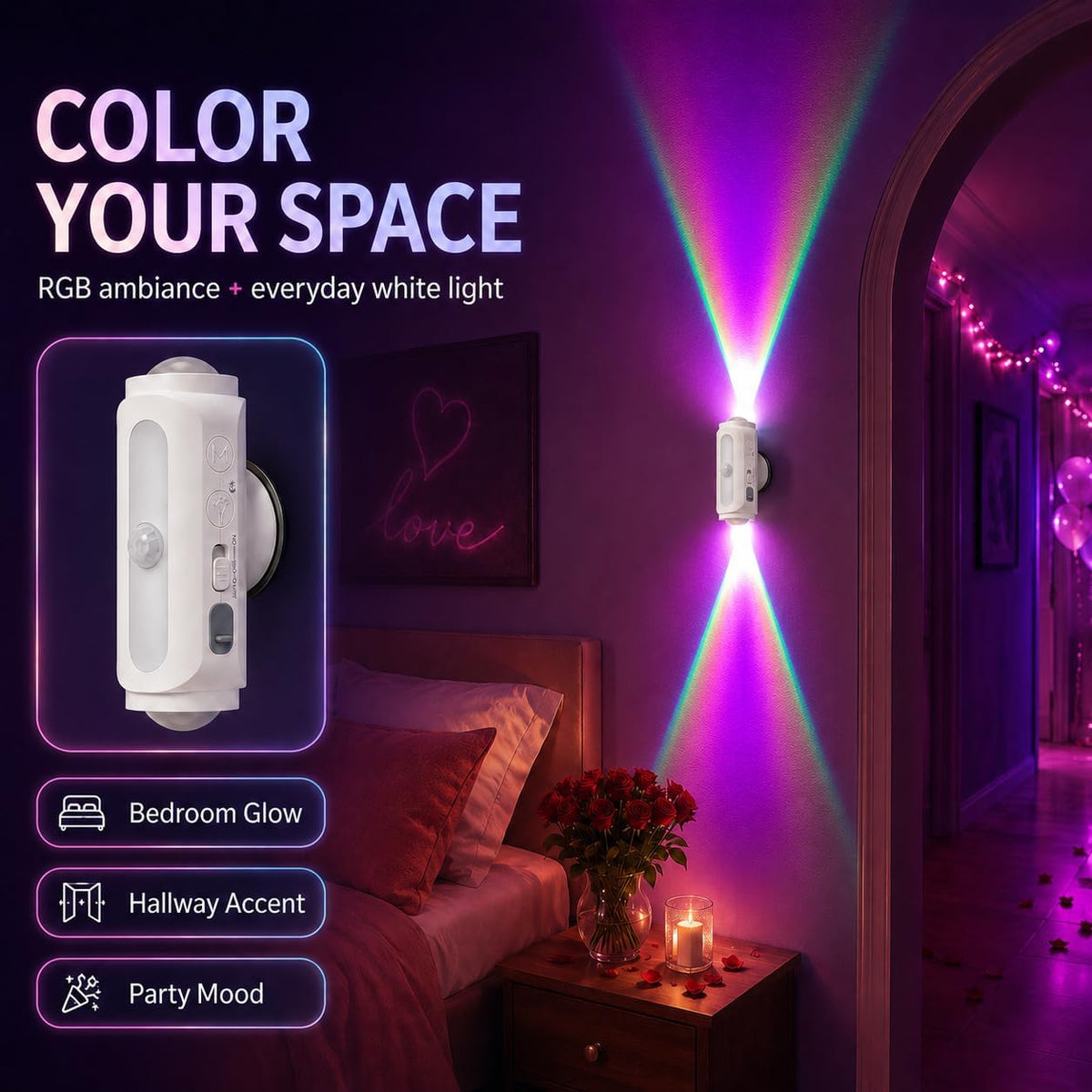 Motion Sensor Wall Light, Rechargeable Peel and Stick on Sconce Set of 2 | Wireless No Drill RGB Wall Lamps, Magnetic