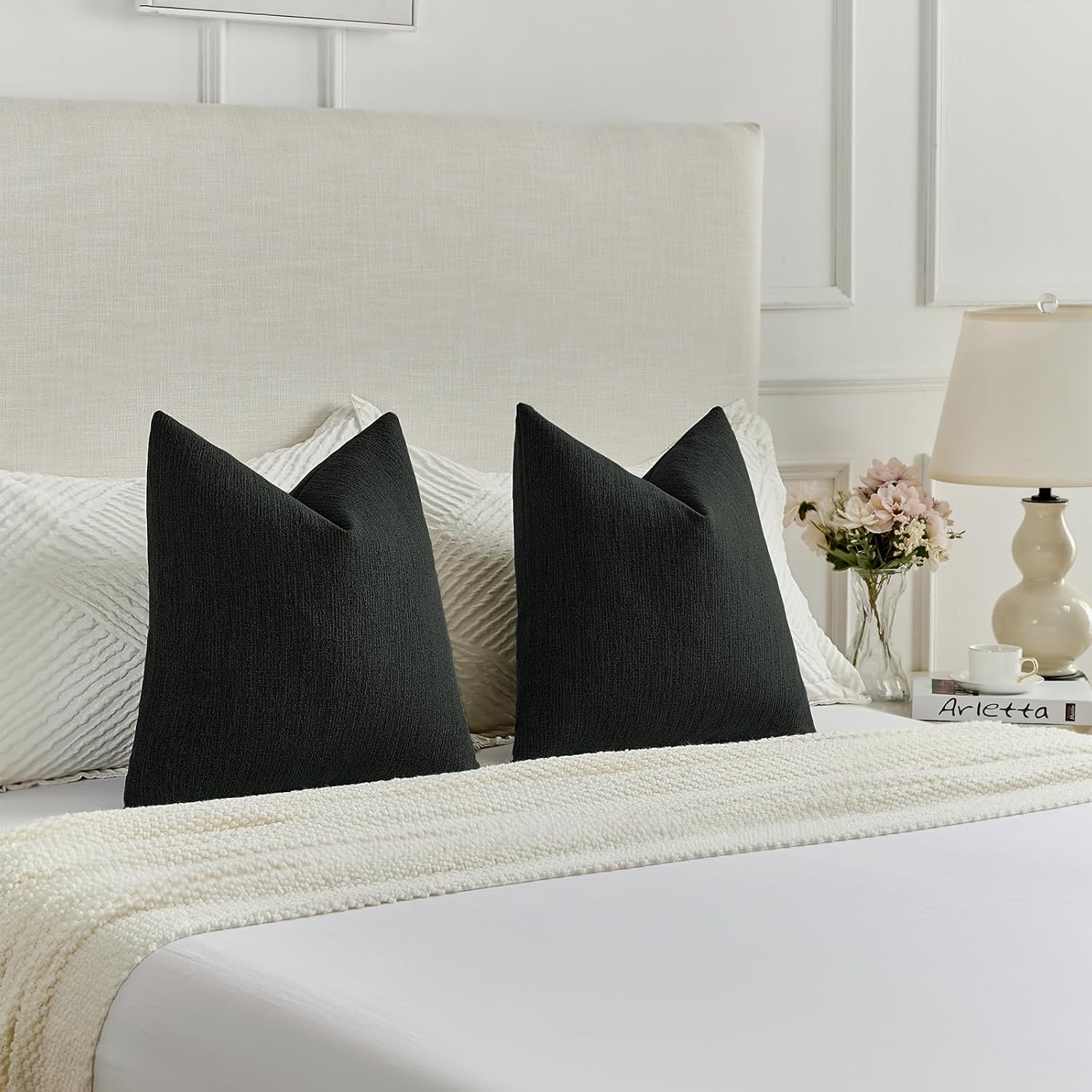 Chenille Decorative Throw Pillow Covers / Black / 18 x 18 / Set of 2