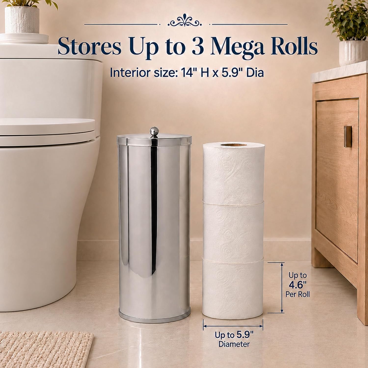 [2023 Upgraded Version] HUJI Rust Resistant Stainless Steel Toilet Paper Roll Canister Holder w/Removable Base for
