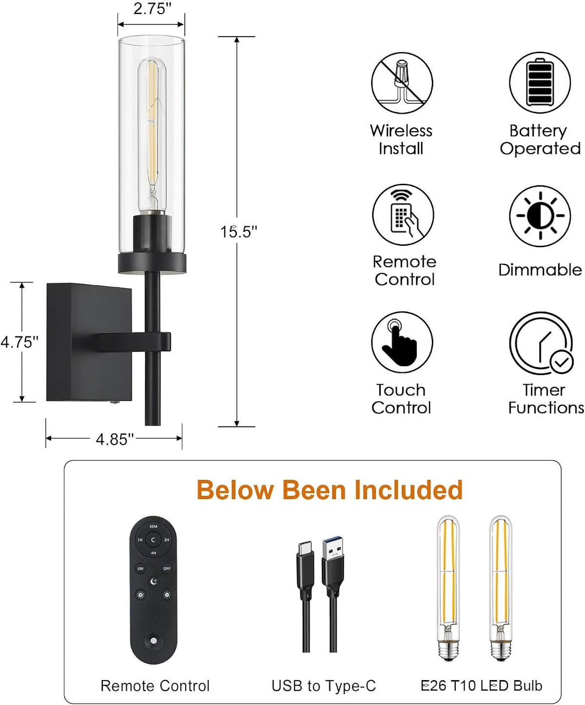 Black Wireless Wall Sconces with Remote Control, Battery Operated Wall Sconce Set of 2, Rechargeable Dimmable Wall