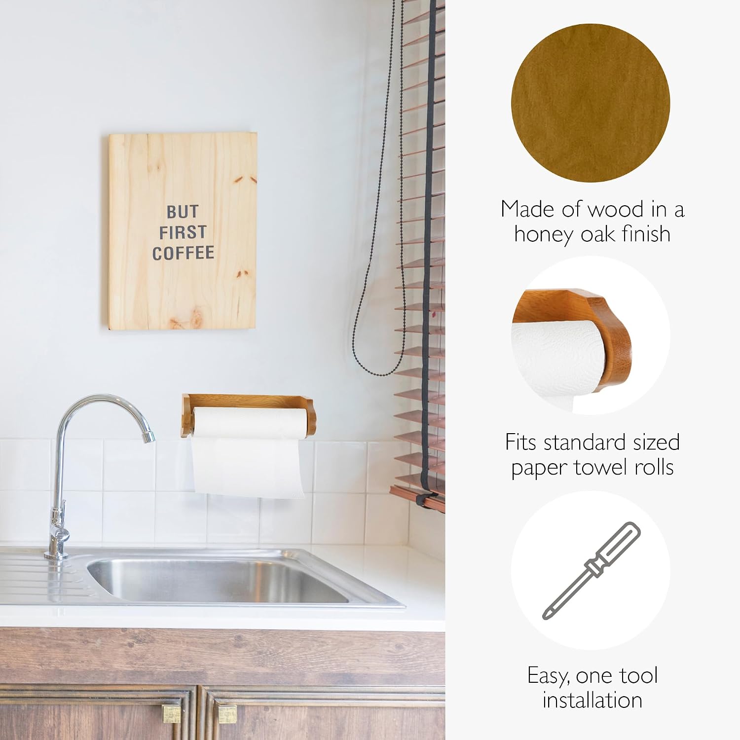 Design House Dalton Paper Towel Holder, Wall Mount, Easy Installation, Wood, Honey Oak, Durable, 13.4 in, 13.75 in W x