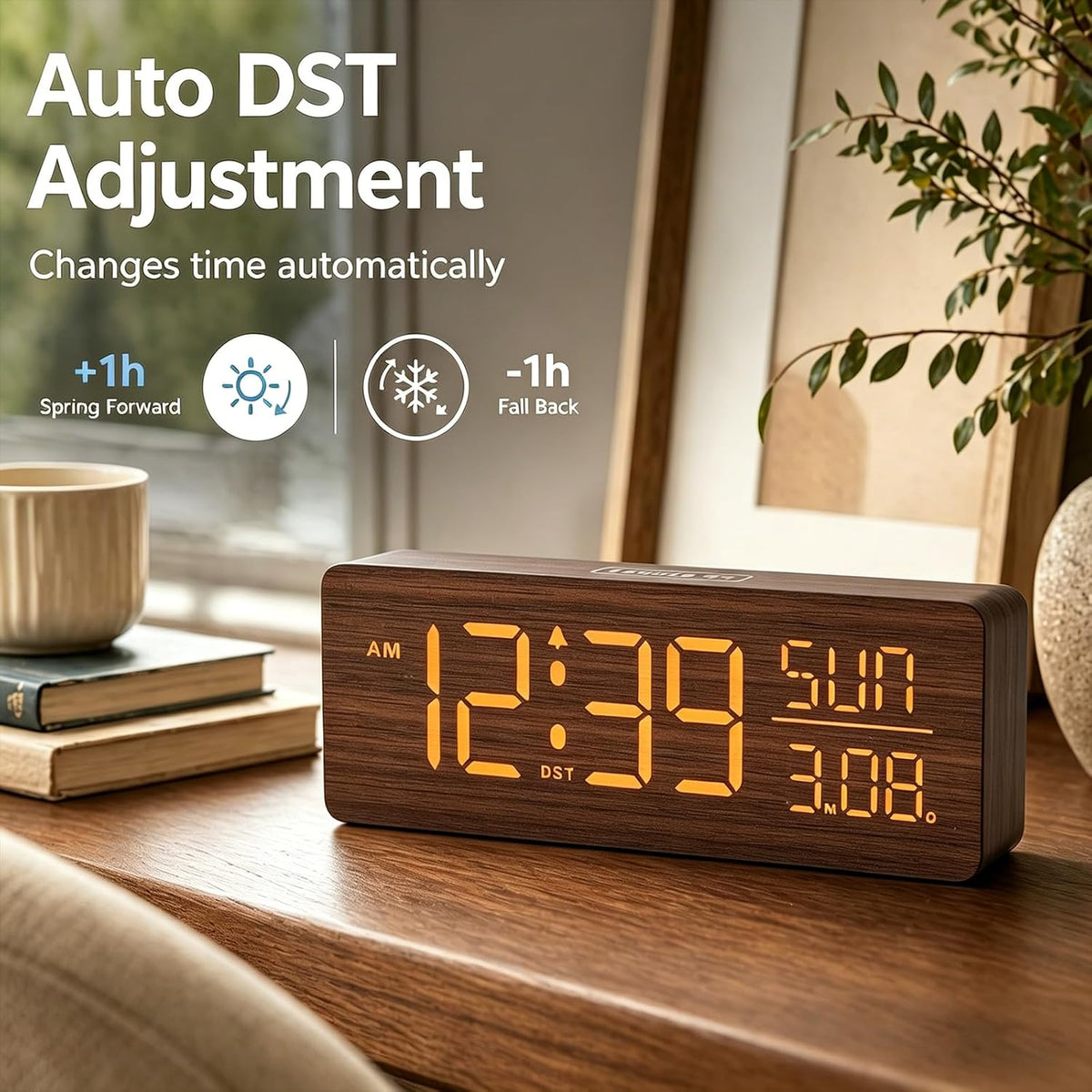 Peakeep Wooden Digital Alarm Clock Large Display, Textured Decoration | for Bedroom Living Room Desk Table, Electric